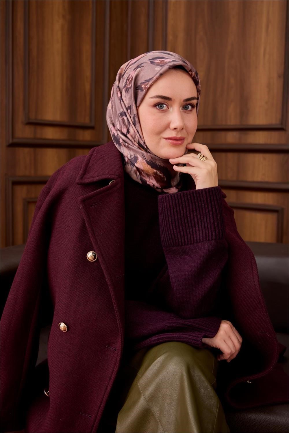 Twill İpek Eşarp Vizon-Acı Kahve Desenli Tok Duruşlu 90x90