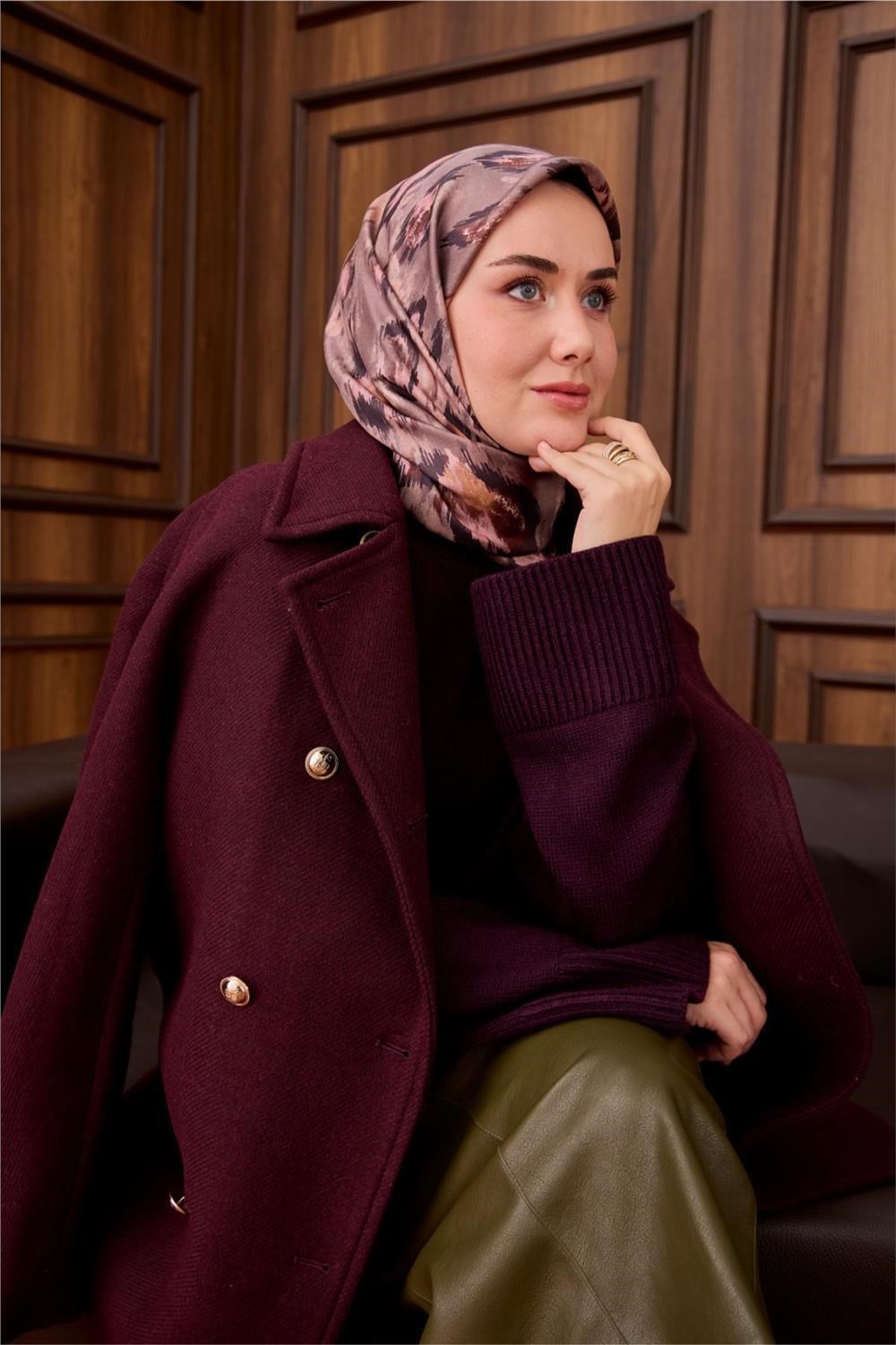 Twill İpek Eşarp Vizon-Acı Kahve Desenli Tok Duruşlu 90x90