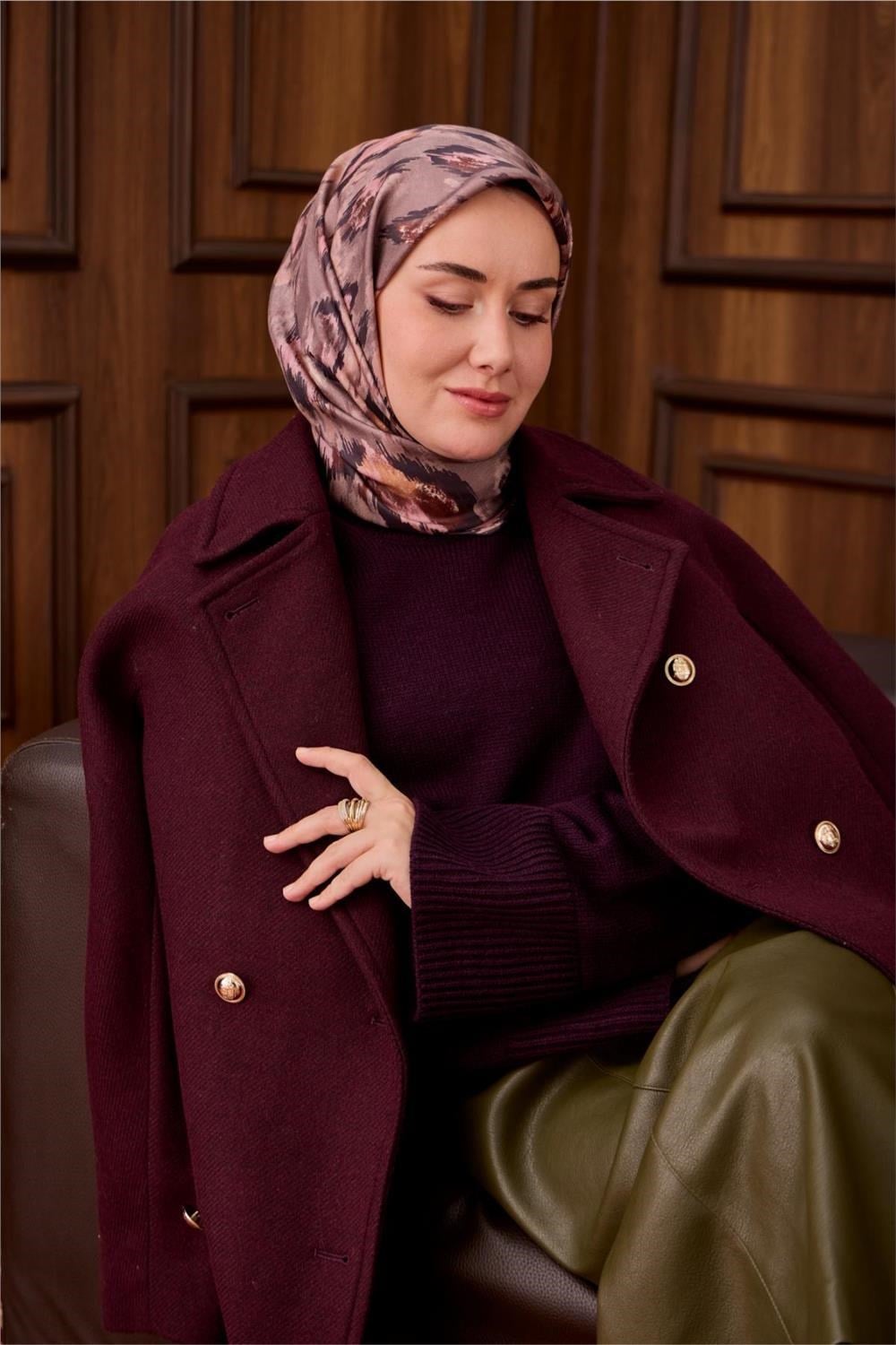 Twill İpek Eşarp Vizon-Acı Kahve Desenli Tok Duruşlu 90x90