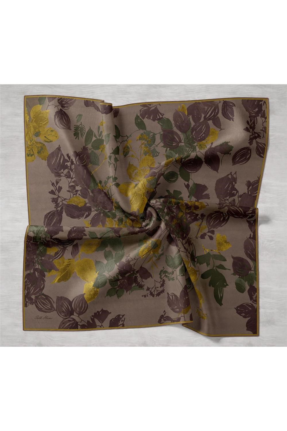 Twill İpek Eşarp Vizon-Asit Çiçek Desenli Kaymaz Tok Duruşlu 90x90