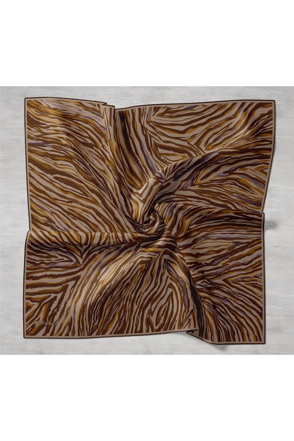 Twill İpek Eşarp Vizon Kehribar Geometrik Desenli Tok Duruşlu 90x90