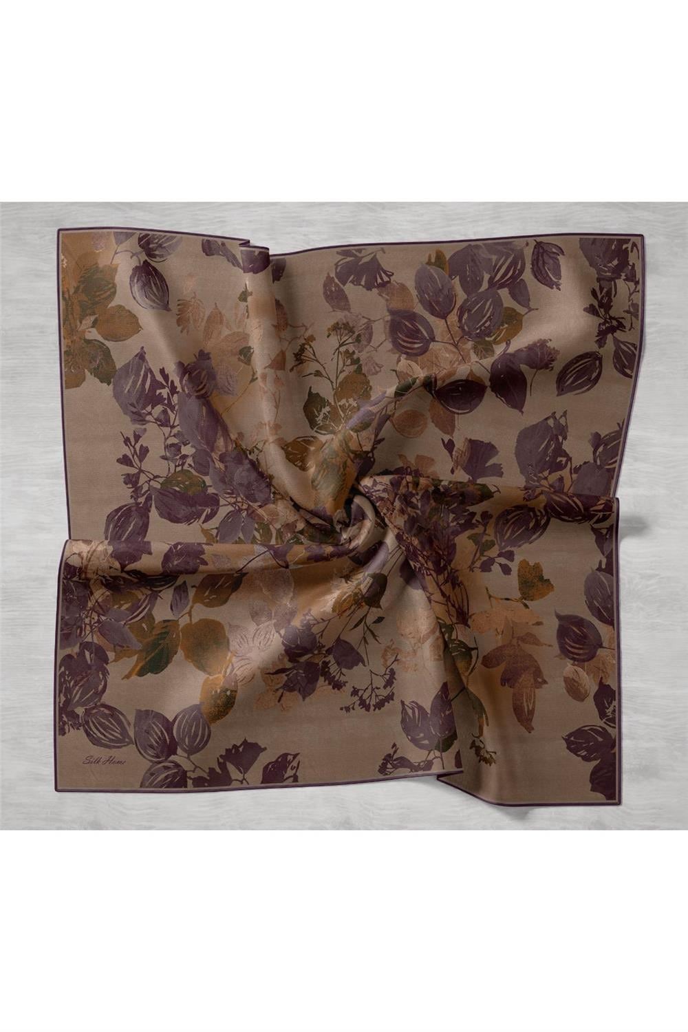 Twill İpek Eşarp Vizon-Mor Çiçek Desenli Tok Duruşlu Kaymaz 90x90