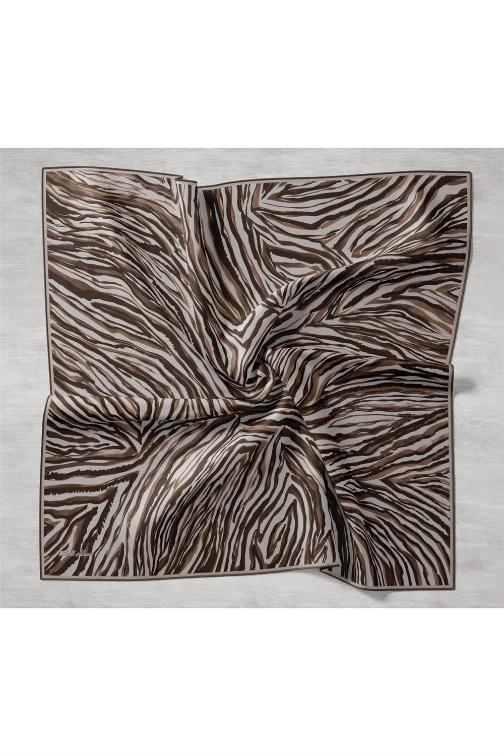 Twill İpek Eşarp Vizon Siyah Koyu Vizon Dalga Desenli Tok Duruşlu 90x90