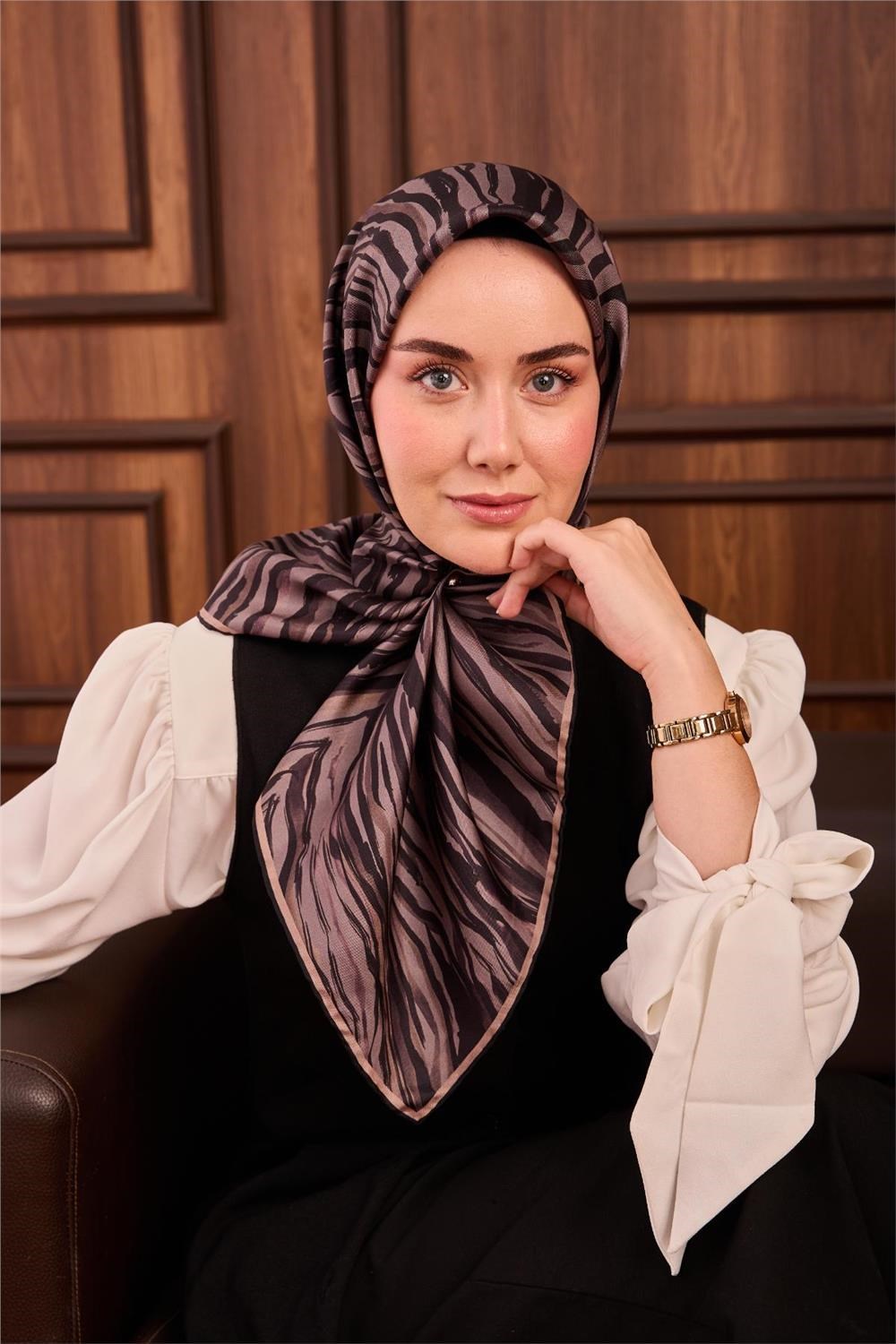 Twill İpek Eşarp Vizon Siyah Koyu Vizon Dalga Desenli Tok Duruşlu 90x90