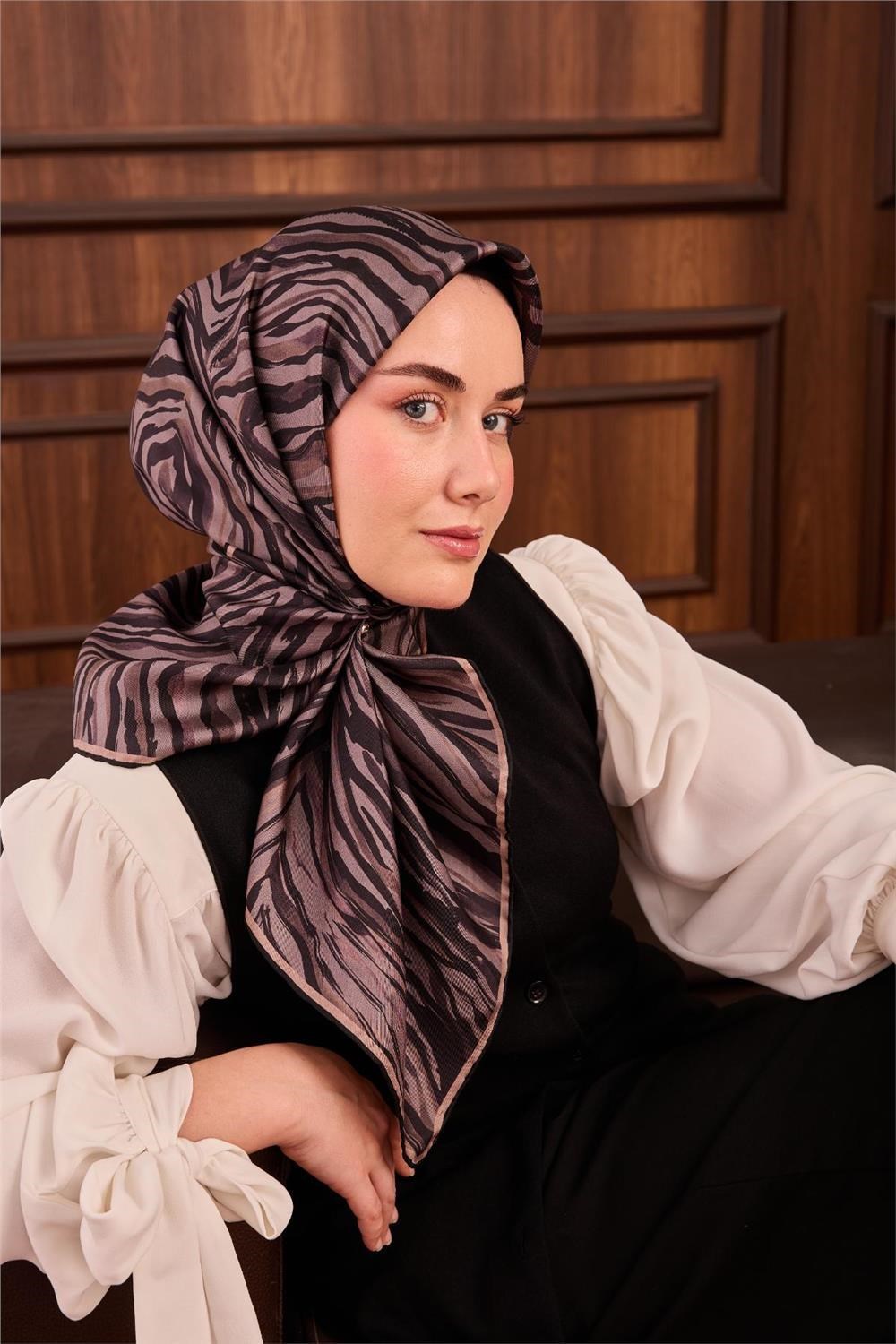 Twill İpek Eşarp Vizon Siyah Koyu Vizon Dalga Desenli Tok Duruşlu 90x90