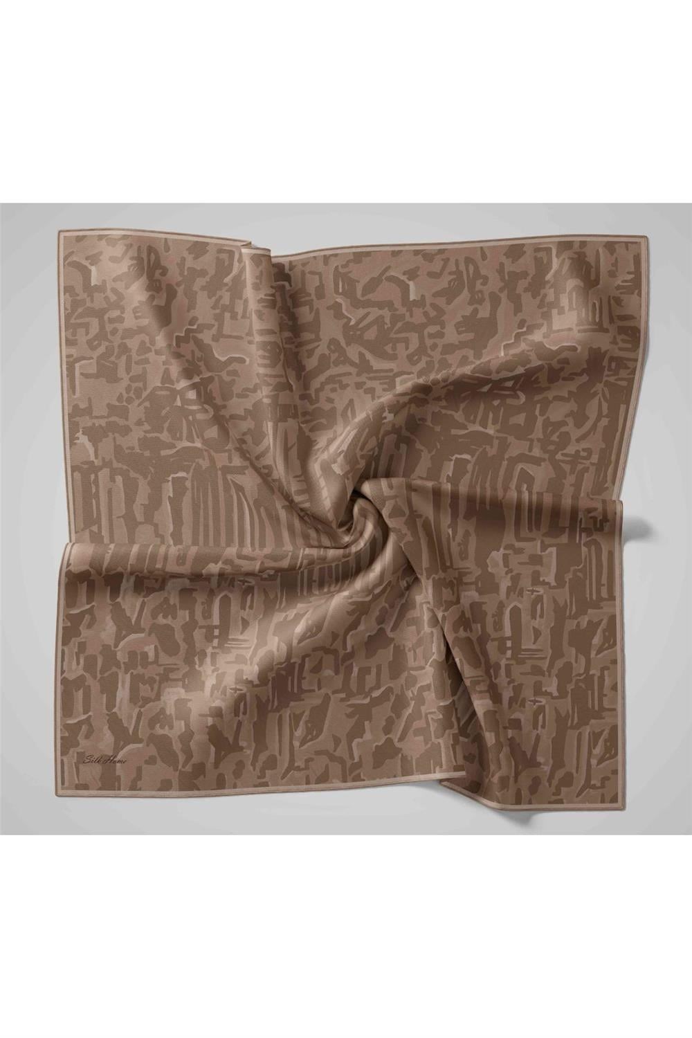 Twill İpek Eşarp Vizon–Koyu Vizon–Bej Desenli Tok Duruşlu 90x90