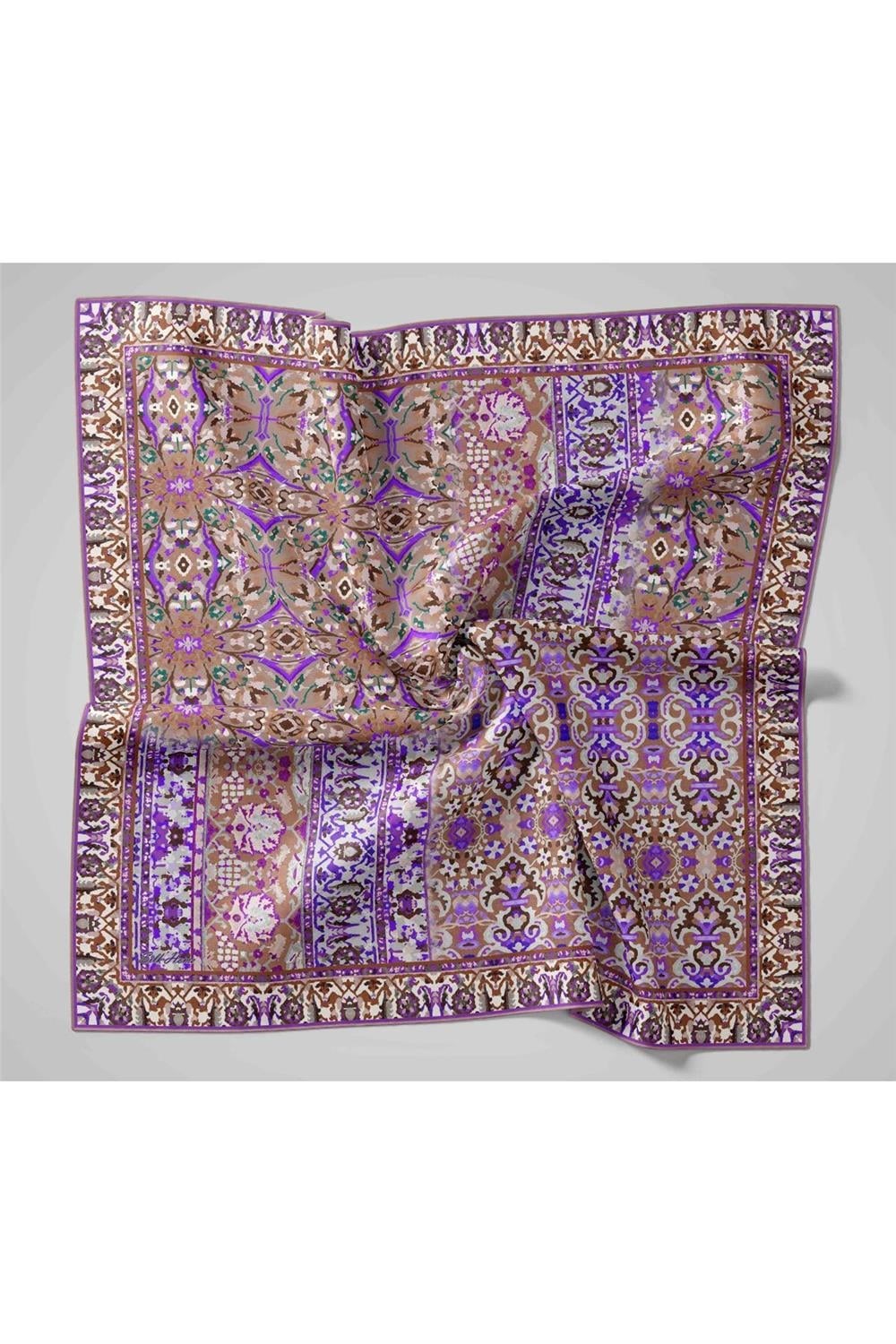 Twill İpek Eşarp Vizon–Mor Desenli Tok Duruşlu Kaymaz 90x90