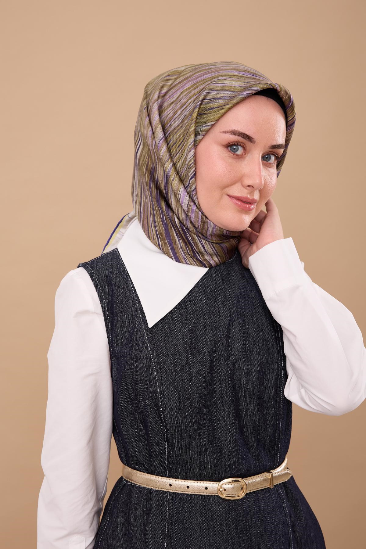 Twill İpek Eşarp Yağ Yeşili-Mor Tonlu Tok Duruşlu Kaymaz Kumaş 90x90