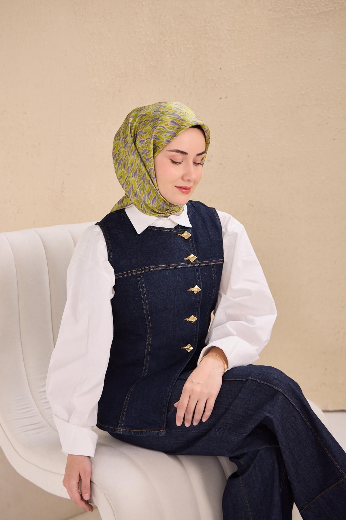 Twill İpek Eşarp Yaprak Ritmi Açık Yeşil 90x90