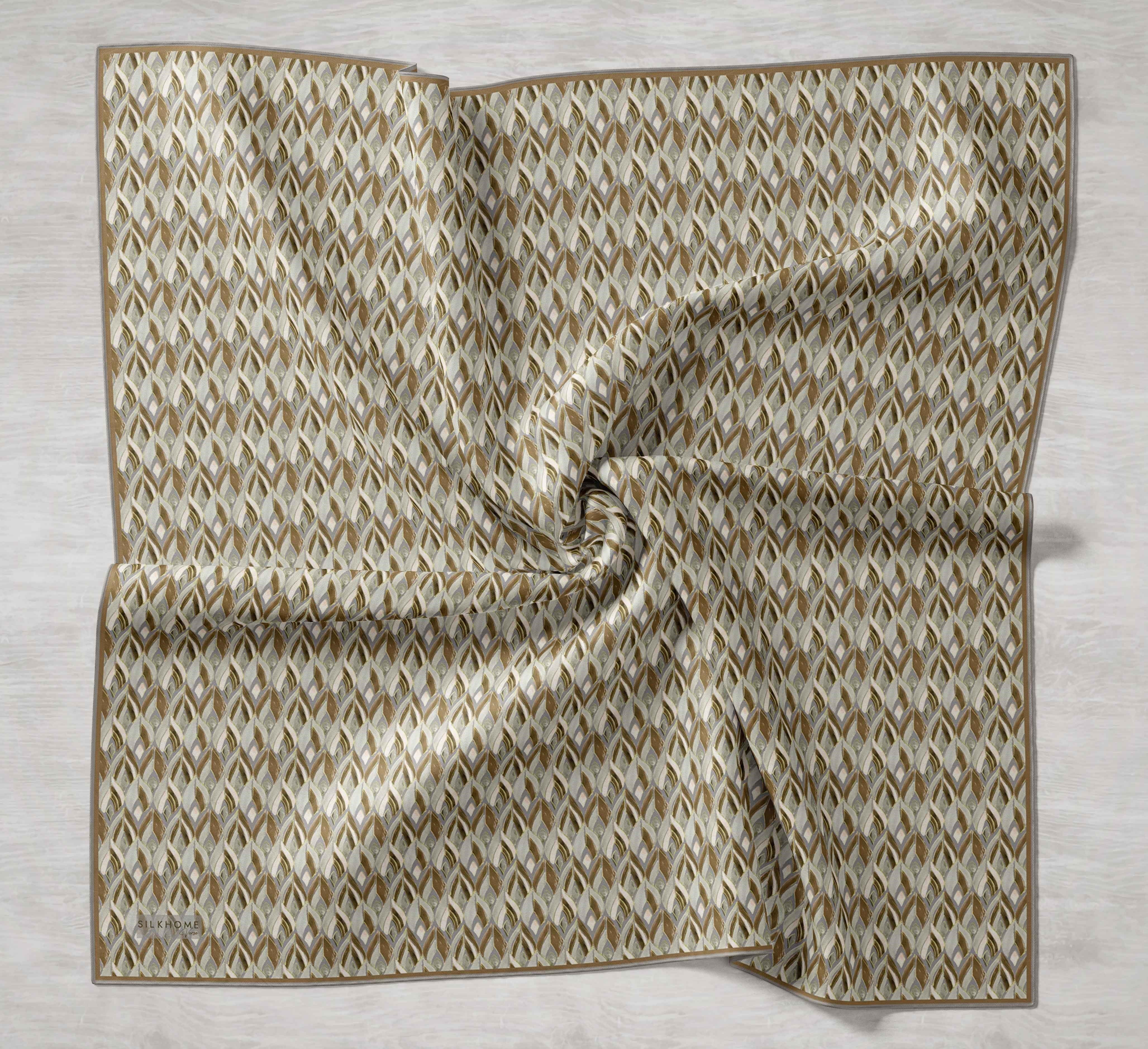 Twill İpek Eşarp Yaprak Ritmi Haki Gri 90x90