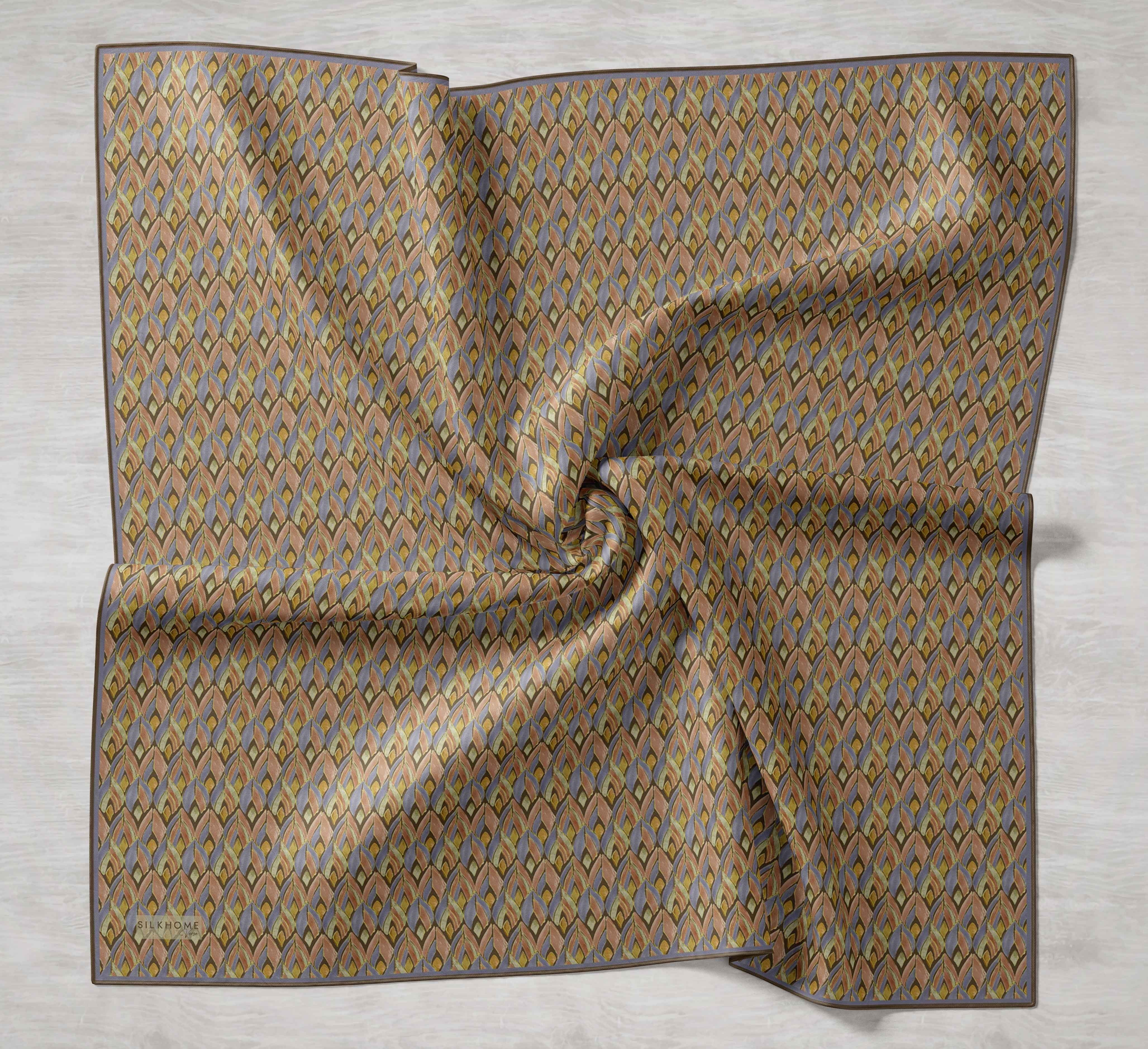 Twill İpek Eşarp Yaprak Ritmi Haki Turuncu 90x90