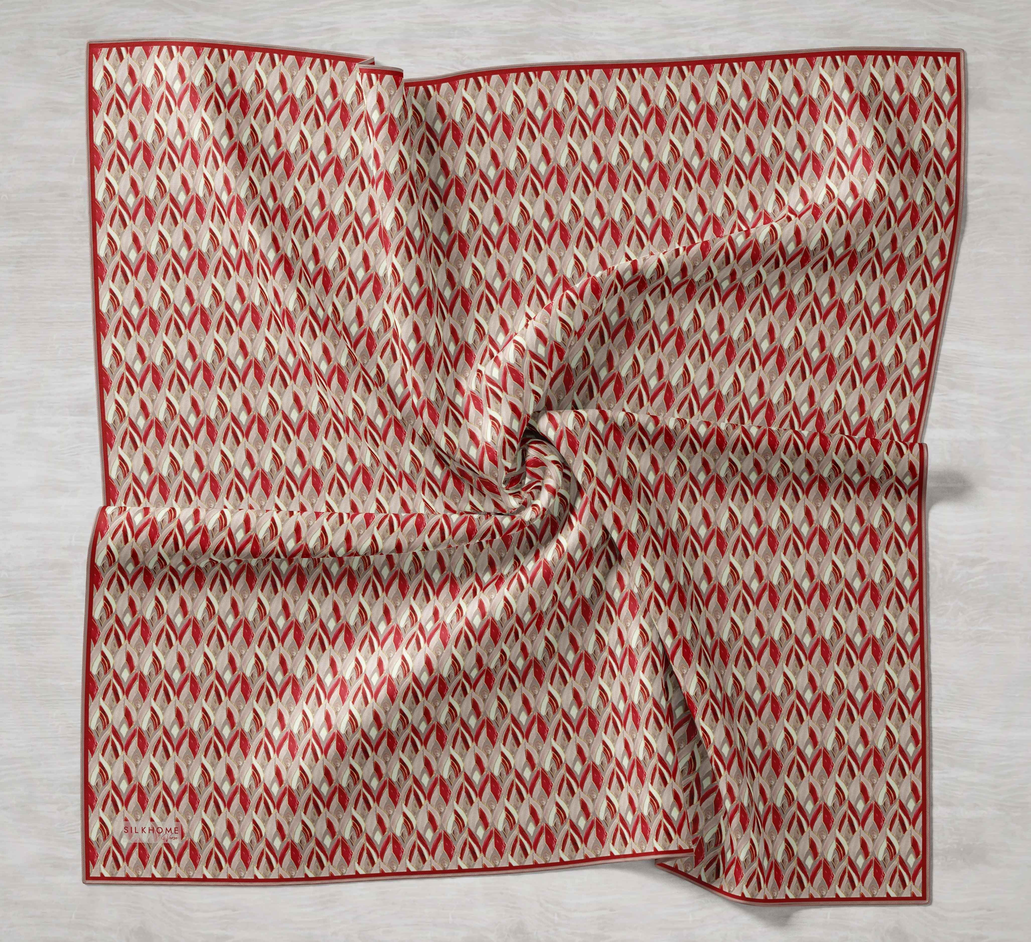 Twill İpek Eşarp Yaprak Ritmi Kırmızı Krem 90x90