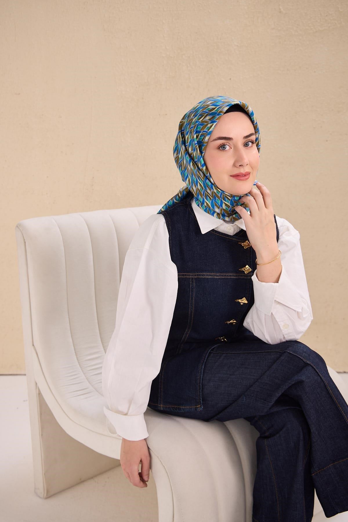 Twill İpek Eşarp Yaprak Ritmi Mavi Lila 90x90