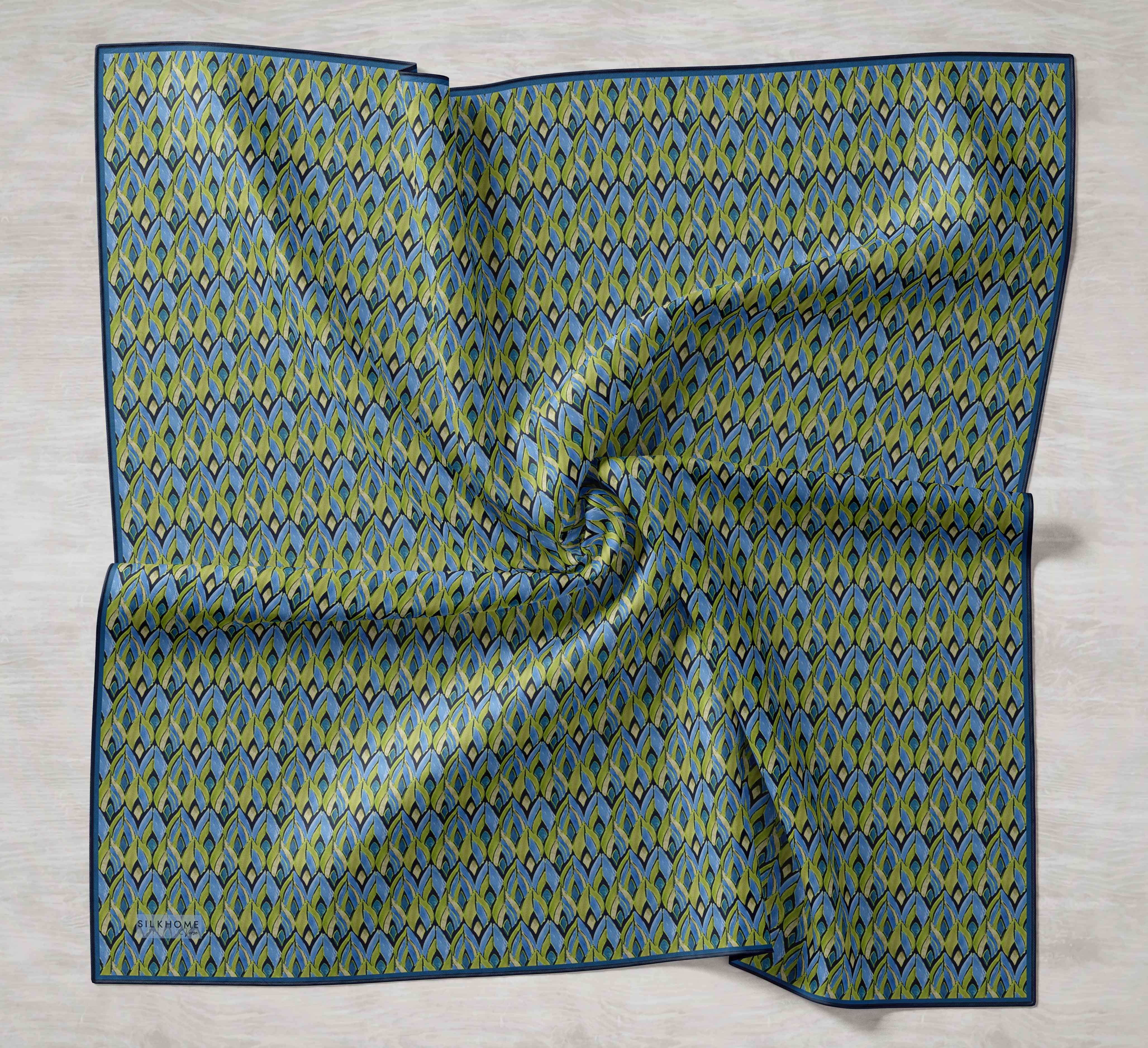 Twill İpek Eşarp Yaprak Ritmi Mavi Yeşil 90x90