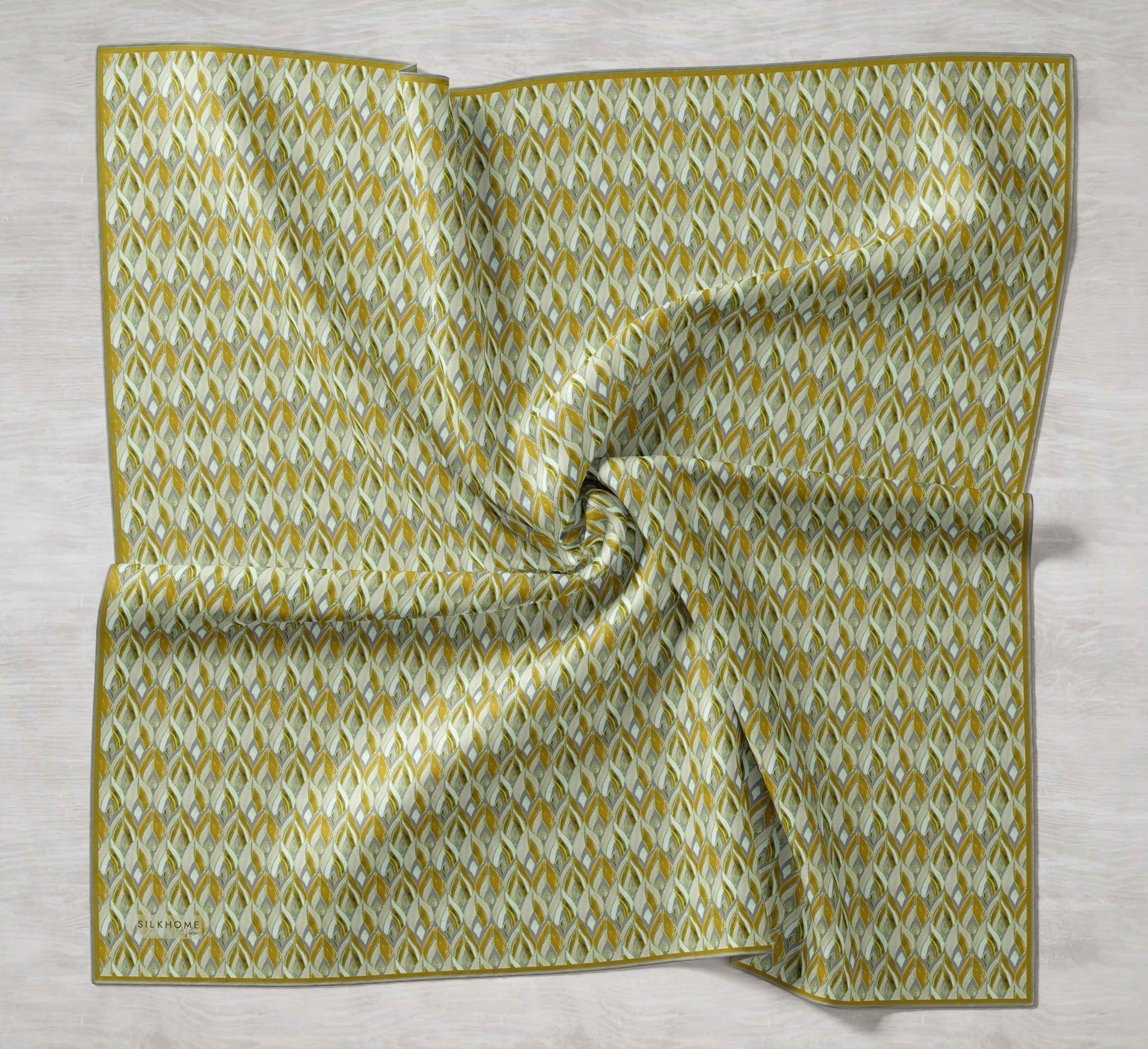Twill İpek Eşarp Yaprak Ritmi Yeşil Hardal 90x90