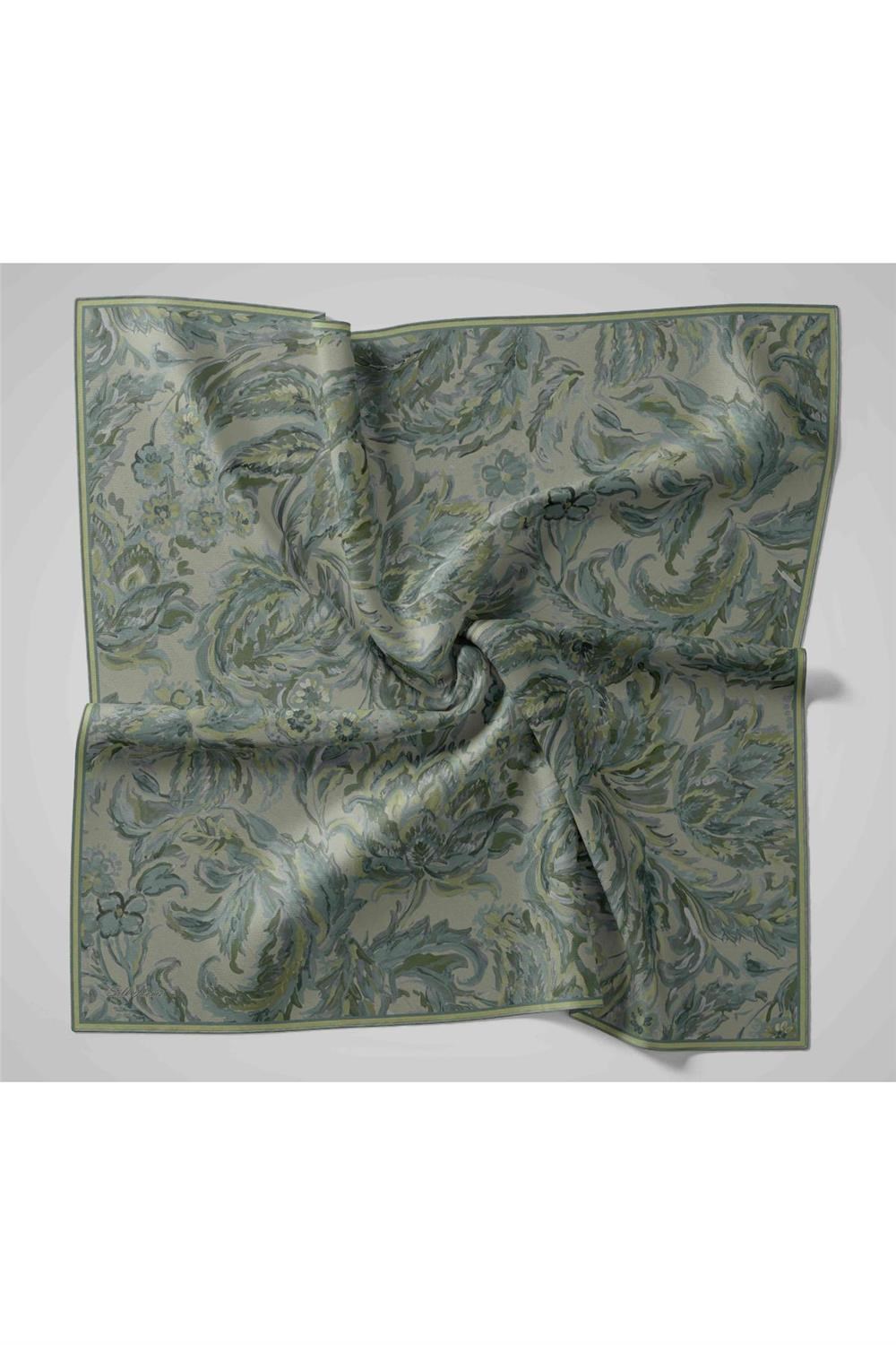 Twill İpek Eşarp Yeşil Gri-Füme Desenli Tok Duruşlu 90x90