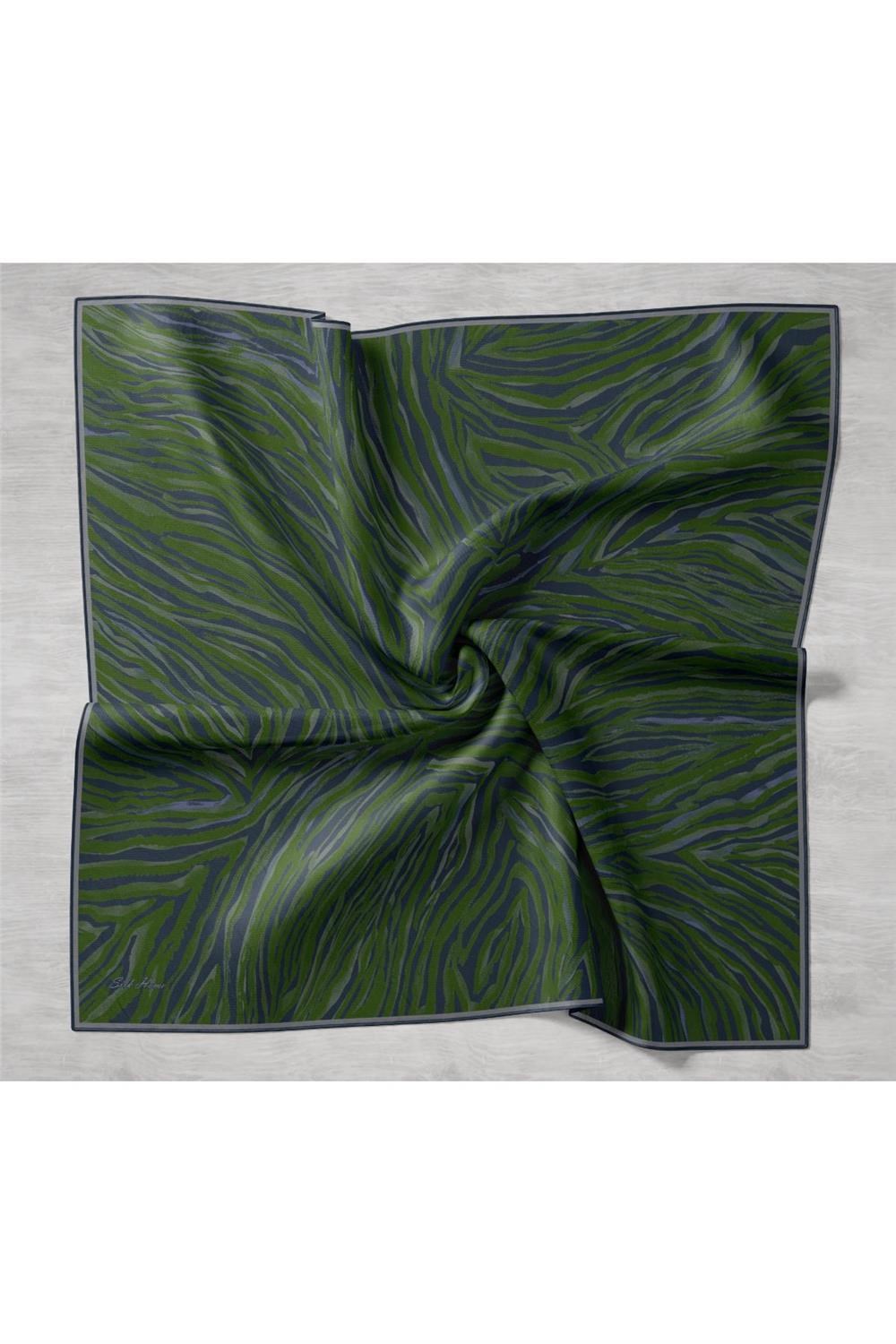 Twill İpek Eşarp Yeşil Gri Geometrik Desenli Tok Duruşlu 90x90