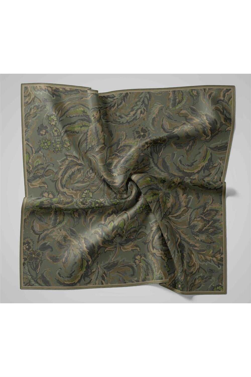 Twill İpek Eşarp Yeşil Gri-Kına Yeşili Desenli Tok Duruşlu 90x90