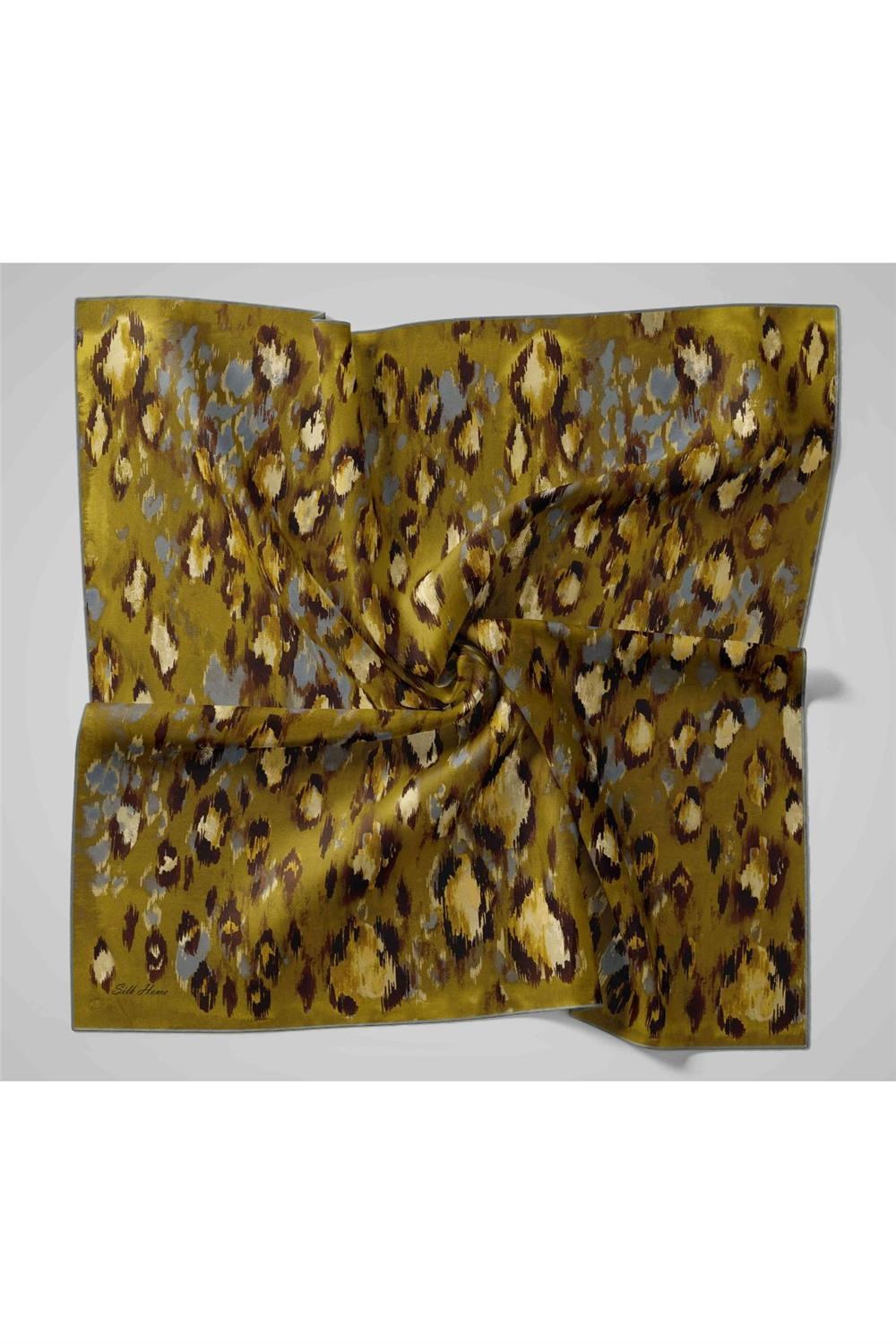 Twill İpek Eşarp Yeşil-Kahverengi Kamuflaj Desenli Tok Duruşlu 90x90