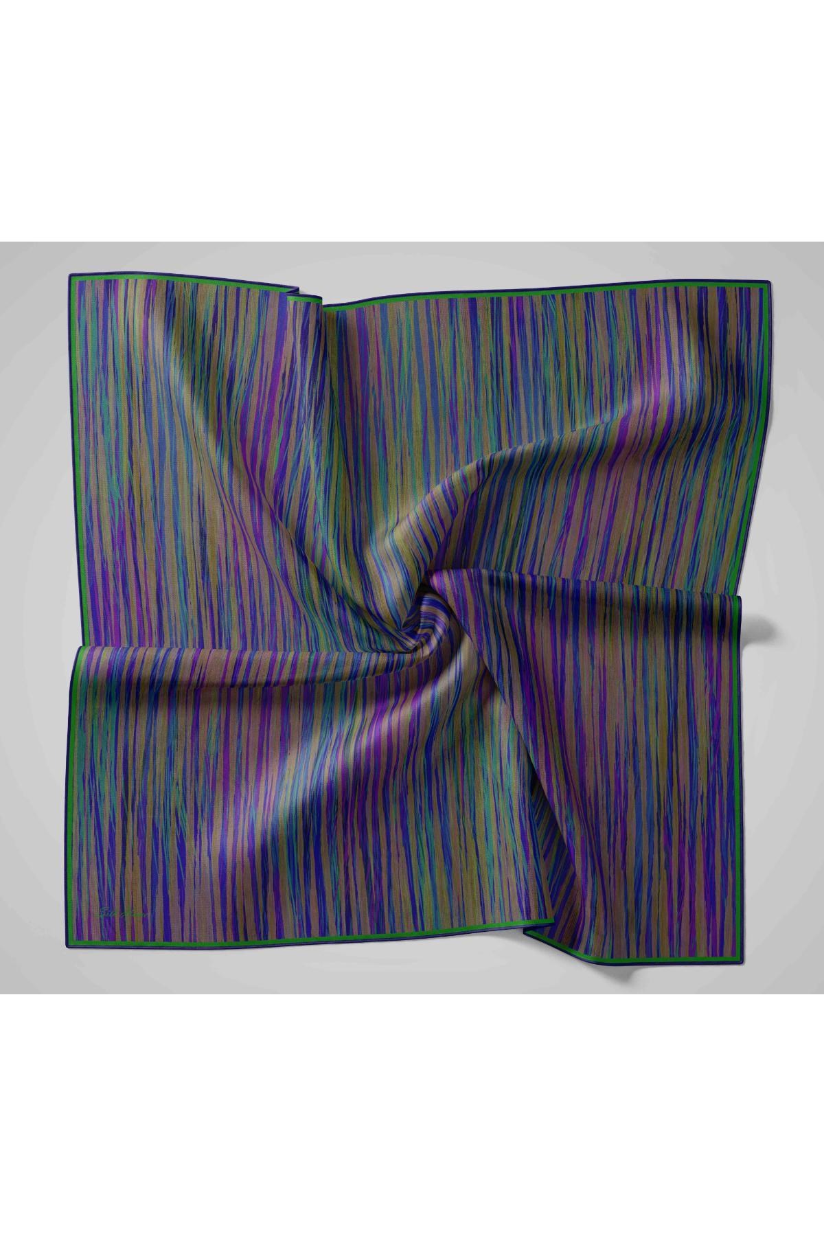 Twill İpek Eşarp Yeşil-Mor Tonlu Tok Duruşlu Kaymaz Kumaş 90x90