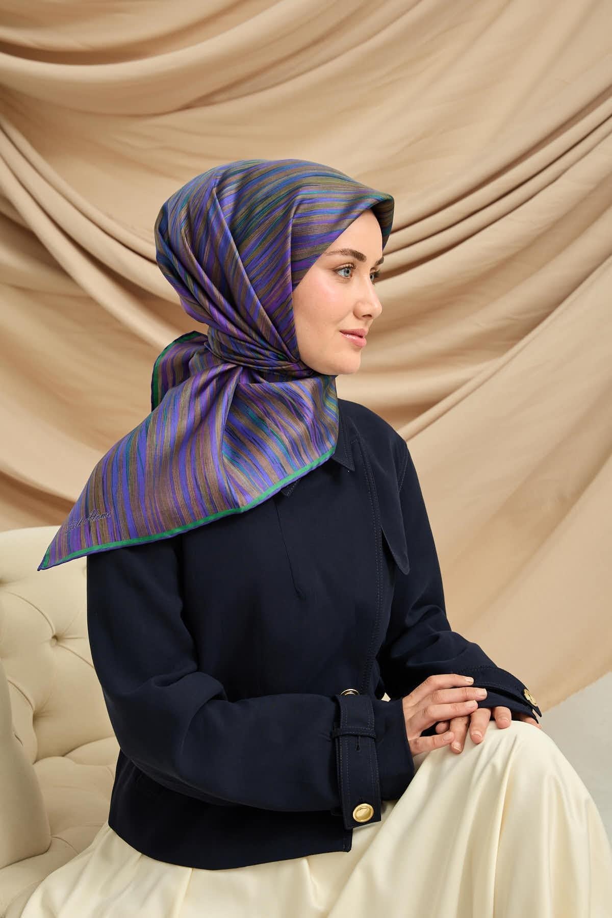 Twill İpek Eşarp Yeşil-Mor Tonlu Tok Duruşlu Kaymaz Kumaş 90x90