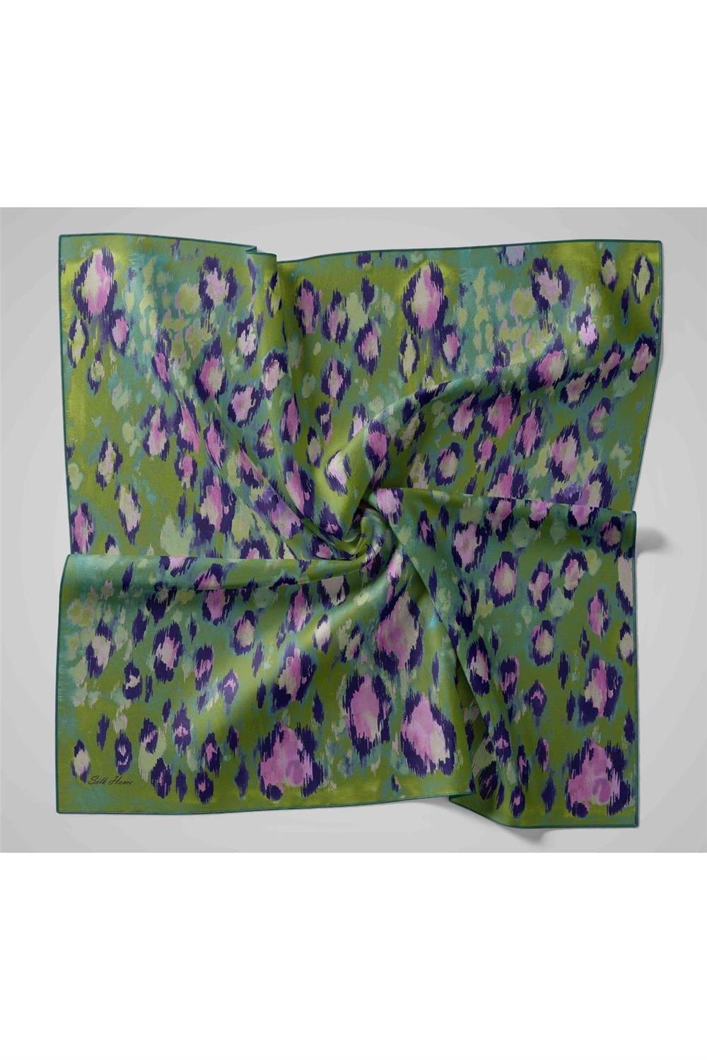 Twill İpek Eşarp Yeşil-Su Yeşili Desenli Tok Duruşlu 90x90