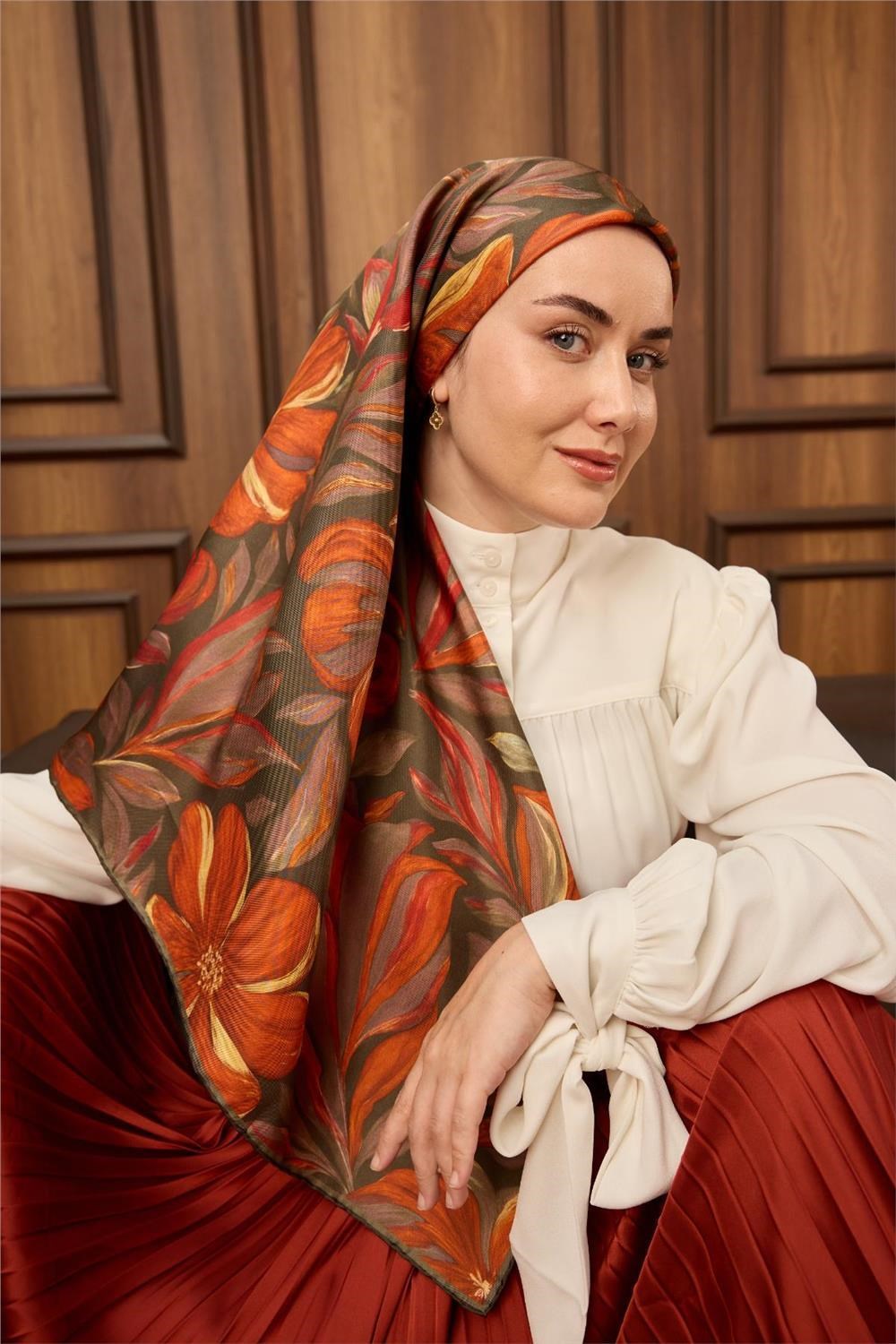 Twill İpek Eşarp Yeşil-Turuncu-Sarı-Pudra-Kızıl Turuncu Desenli Tok Duruşlu 90x90