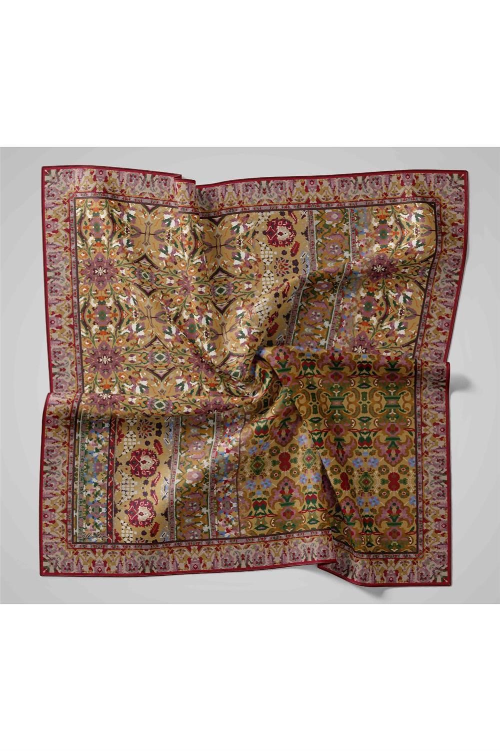 Twill İpek Eşarp Yeşil–Pudra Desenli Tok Duruşlu Kaymaz 90x90