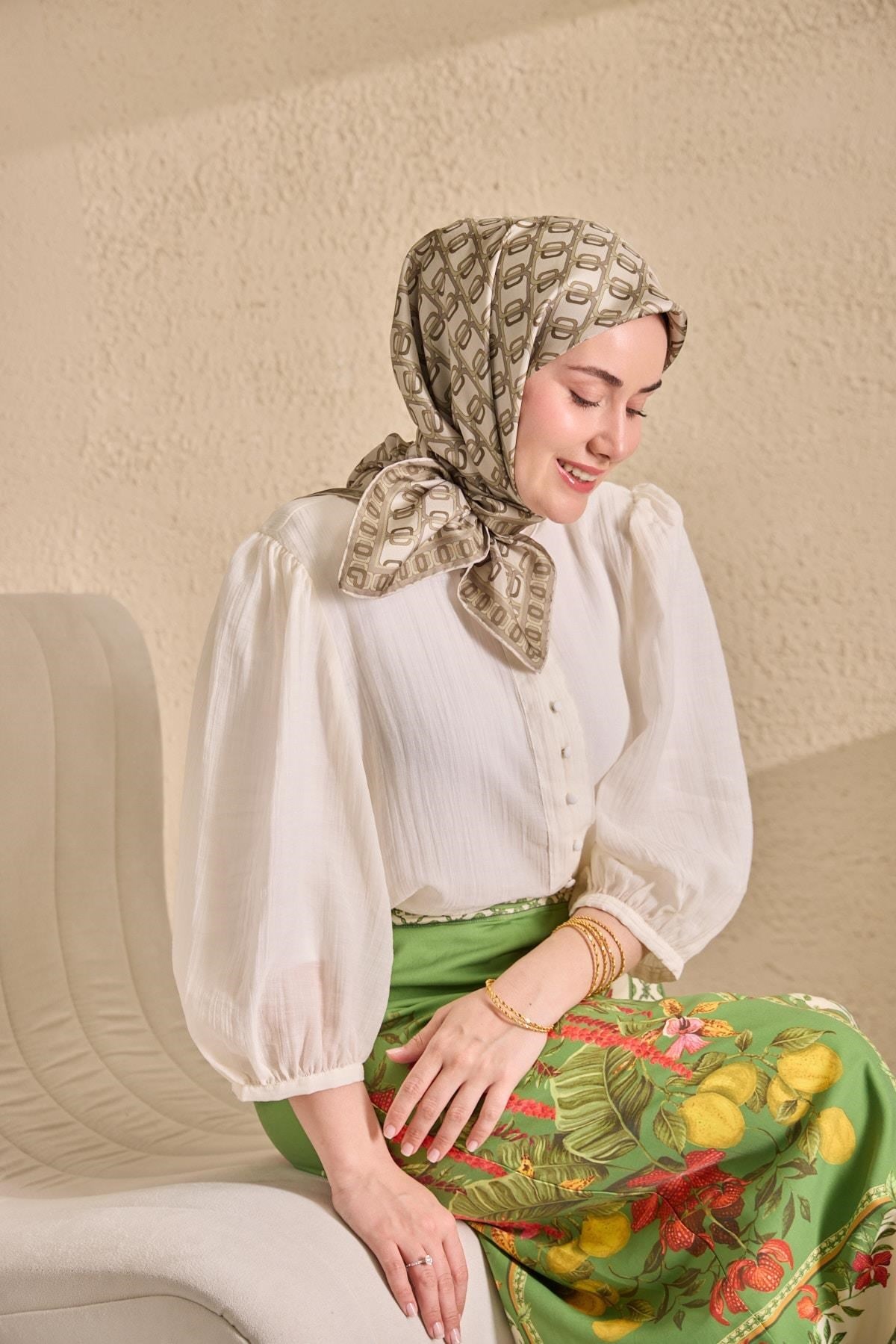 Twill İpek Eşarp Zincir Krem