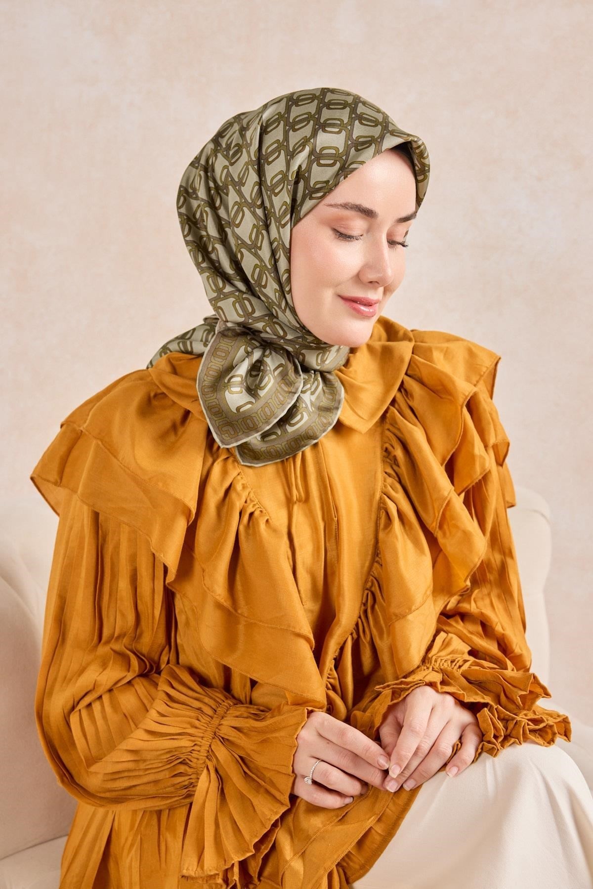 Twill İpek Eşarp Zincir Küf Yeşili
