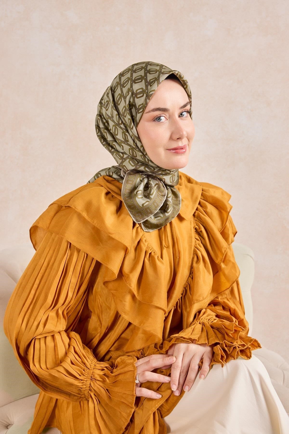 Twill İpek Eşarp Zincir Küf Yeşili