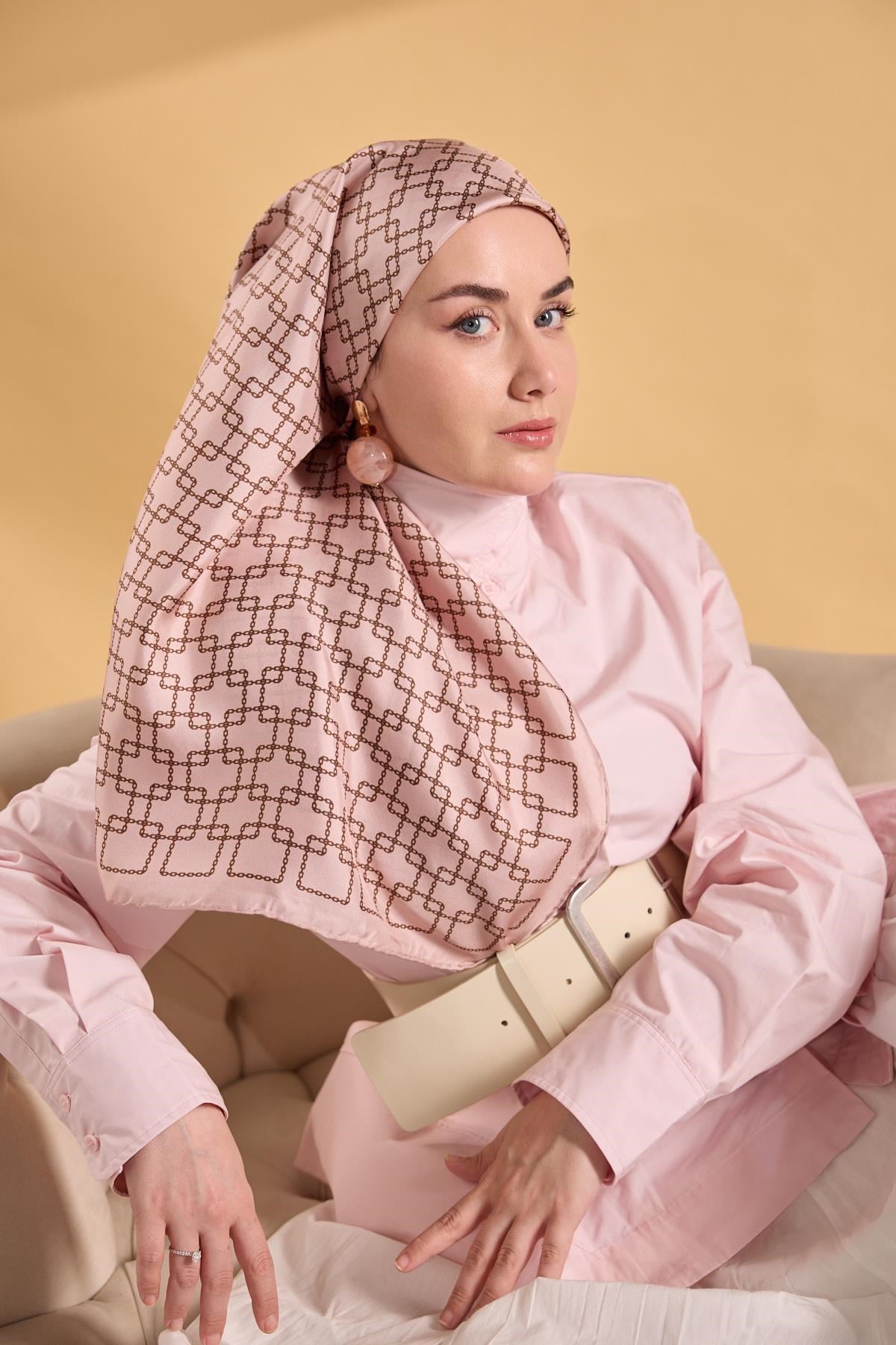 Twill İpek Eşarp Zincir Pudra 90x90