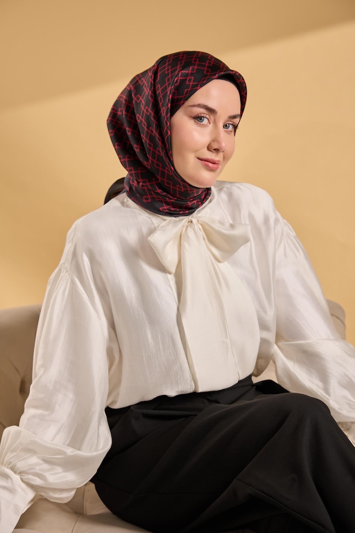Twill İpek Eşarp Zincir Siyah - Kırmızı