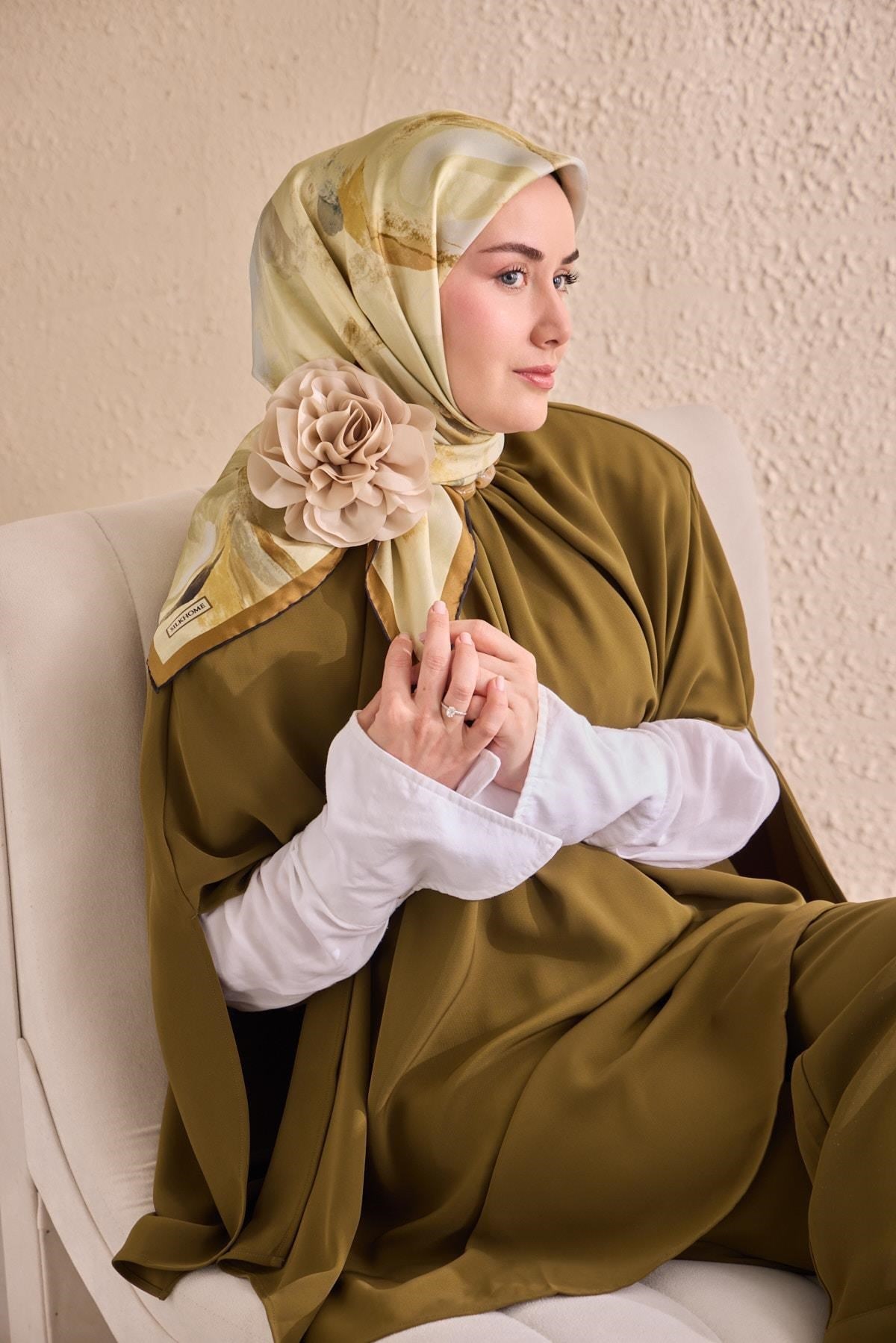 Twill İpek Petal Eşarp Yağ Yeşili 90x90
