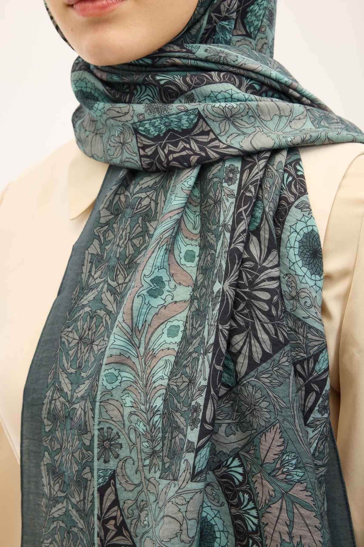 Urban Hours Floral Motif Desen Patina Yeşili Mayda Şal 190x70