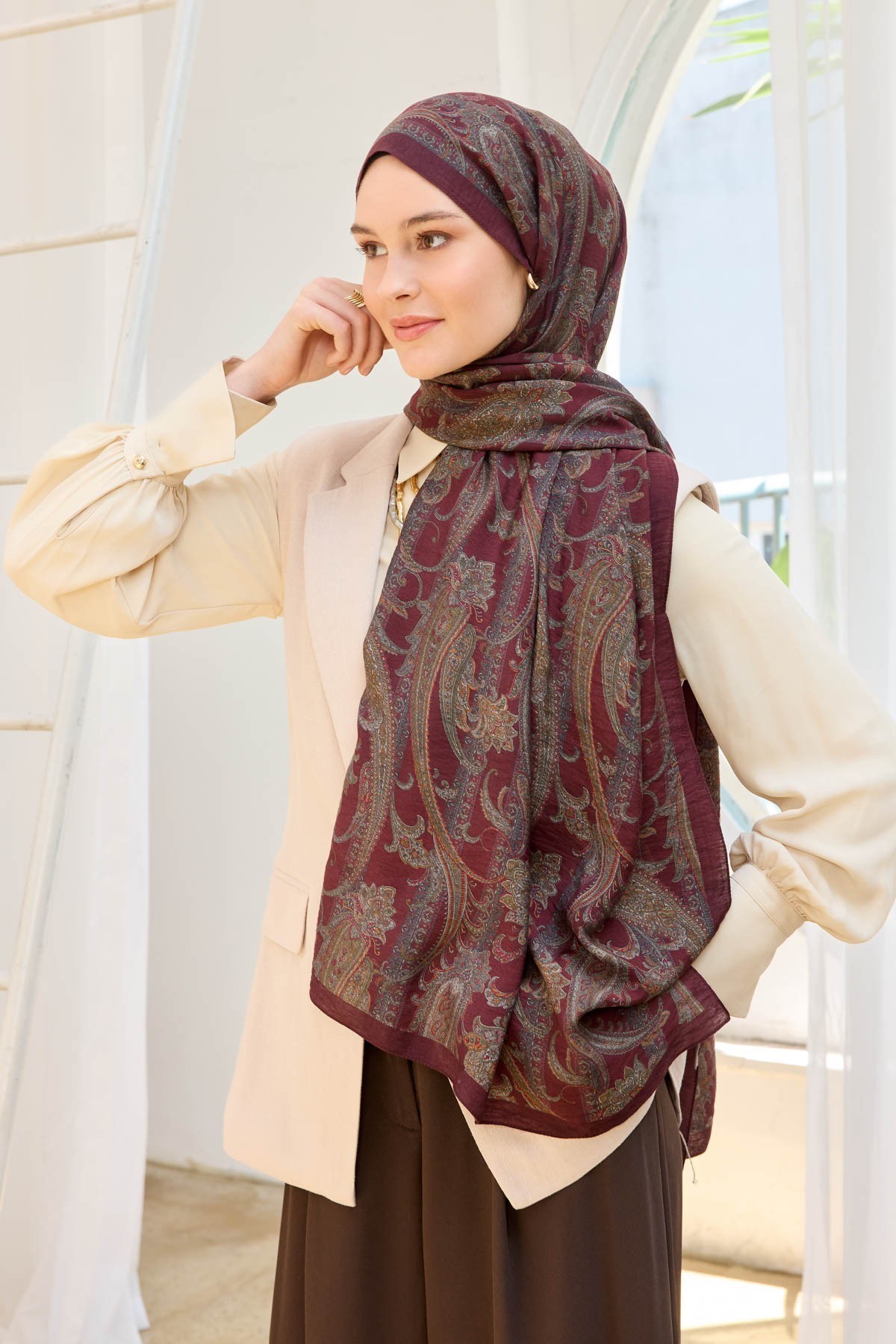 Urban Hours Şal Desen Bordo Mayda Şal