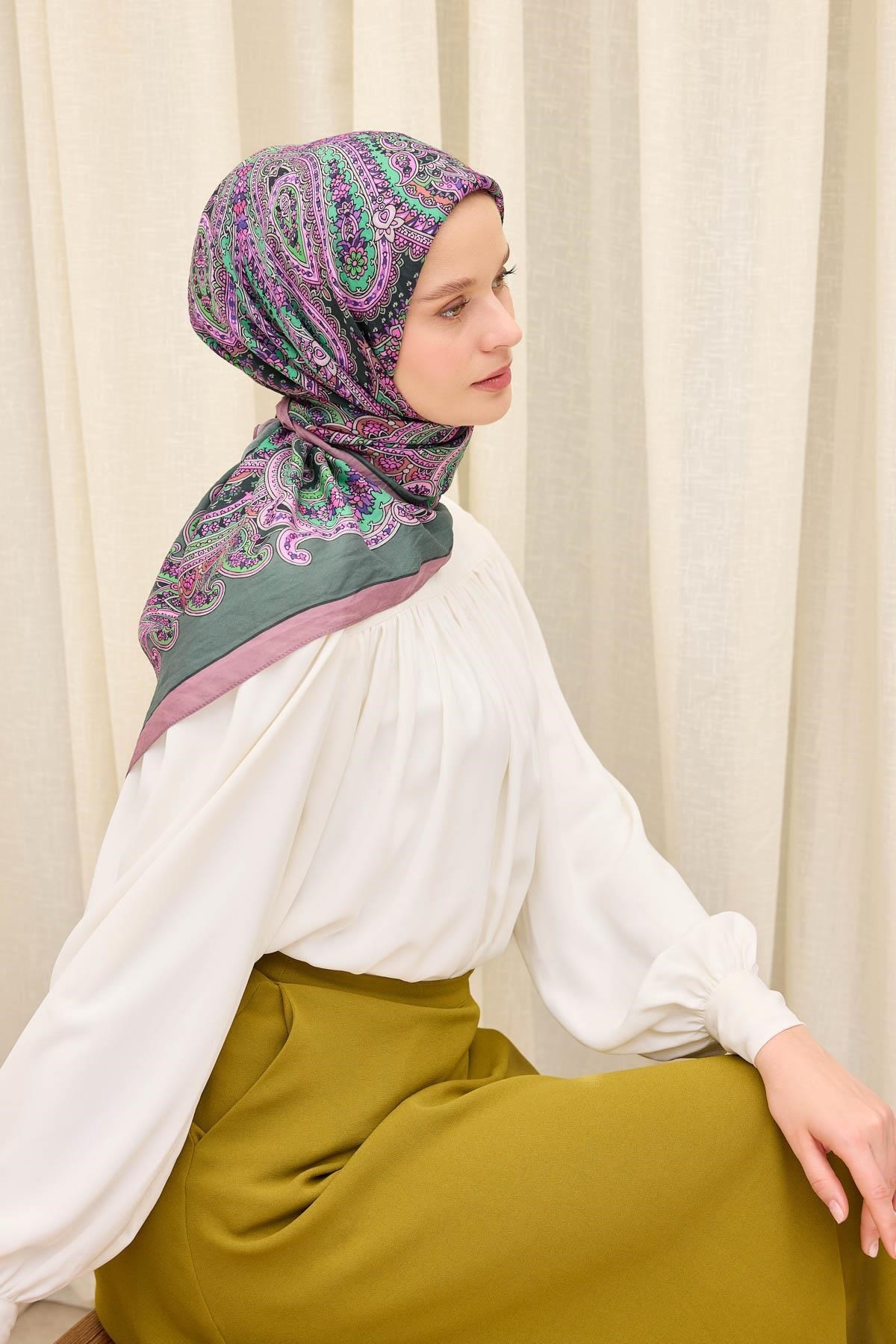 Velora Eşarp Ethnic Koyu Yeşil 90x90