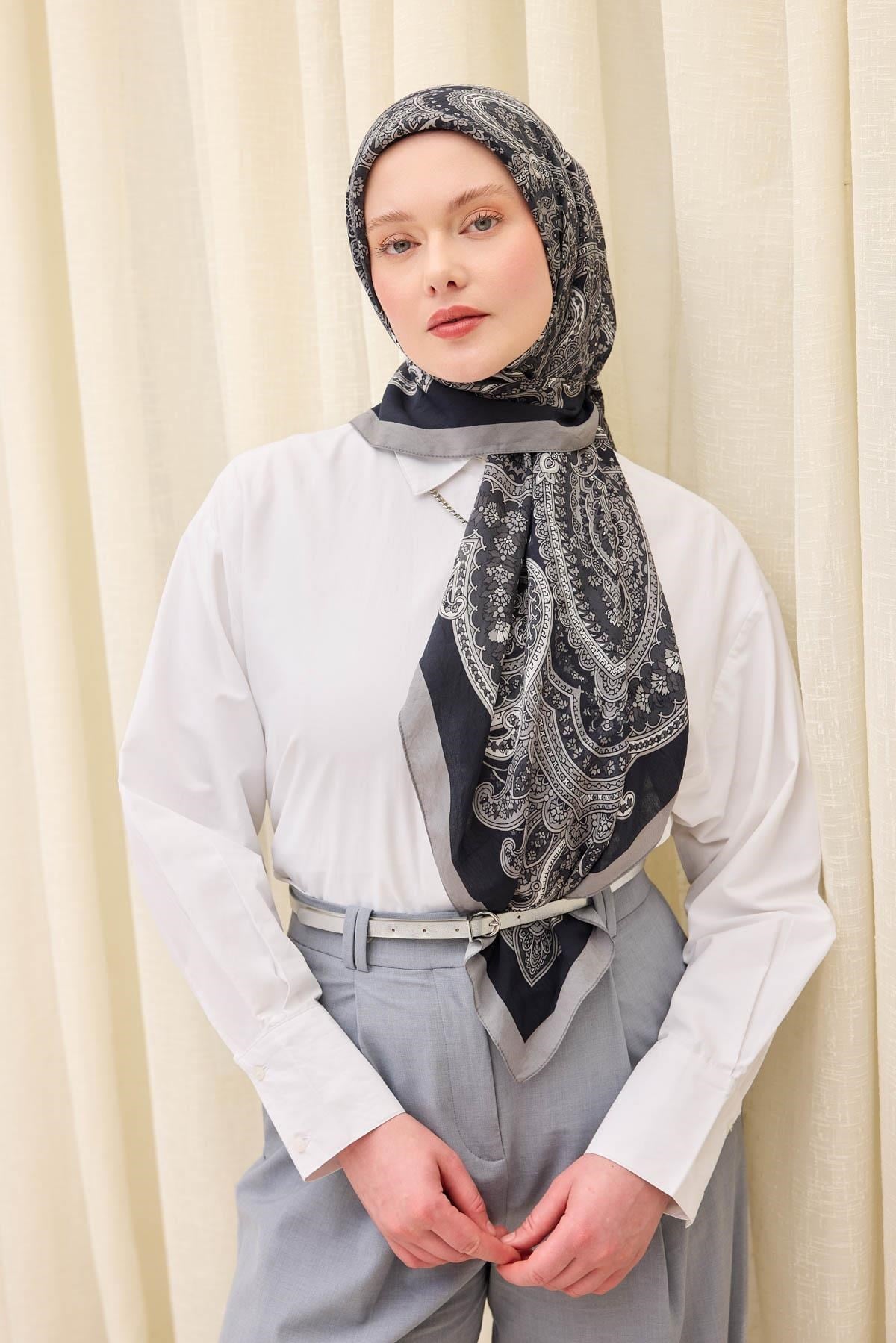 Velora Eşarp Ethnic Siyah - Gri 90x90