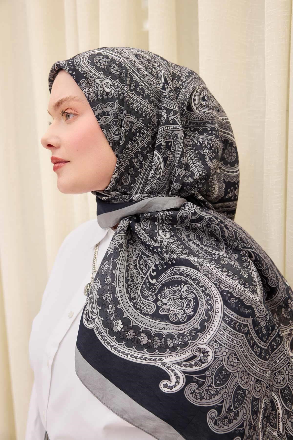 Velora Eşarp Ethnic Siyah - Gri 90x90