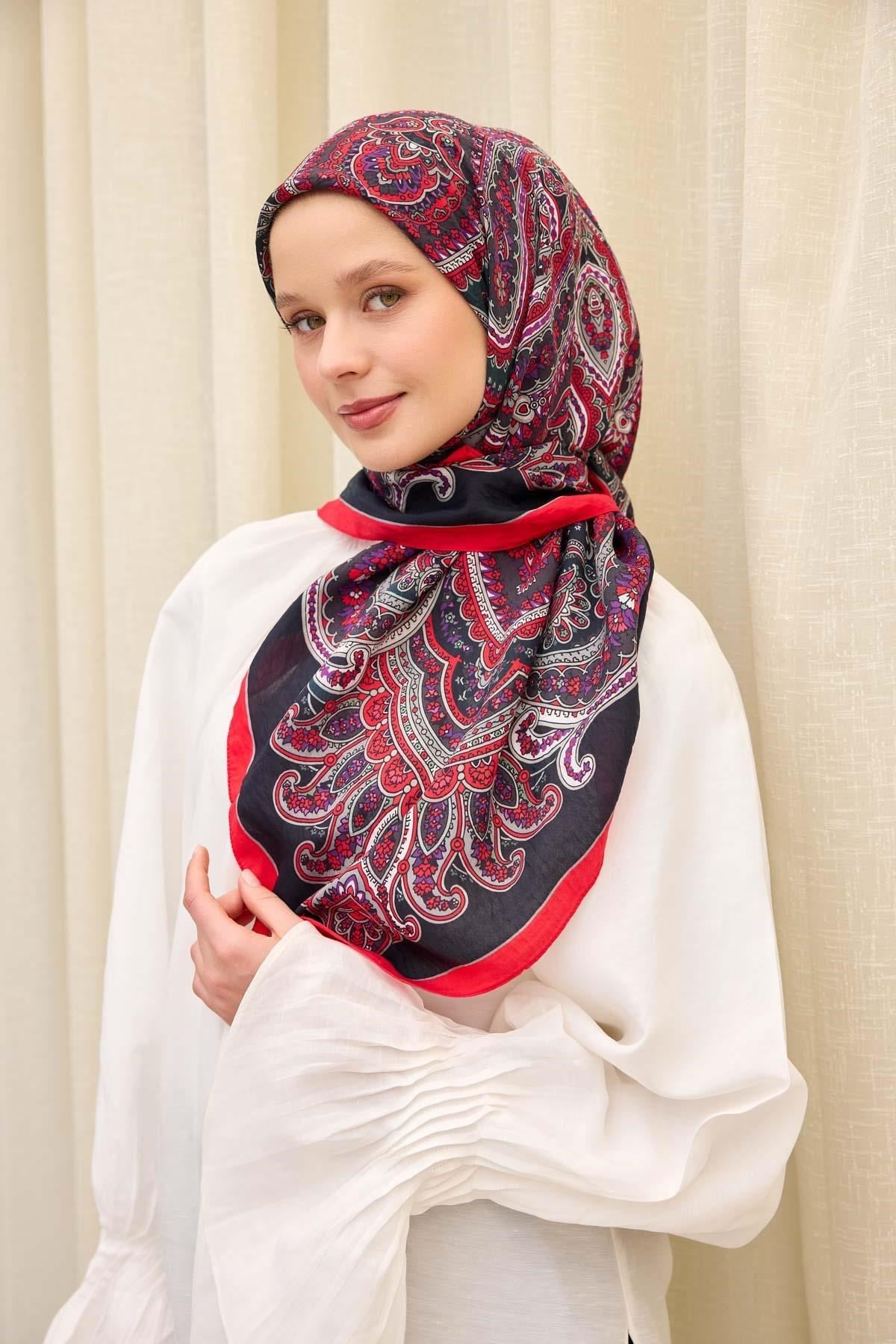 Velora Eşarp Ethnic Siyah - Kırmızı 90x90