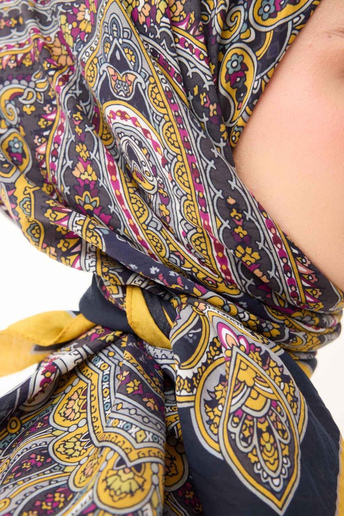 Velora Eşarp Ethnic Siyah - Sarı 90x90
