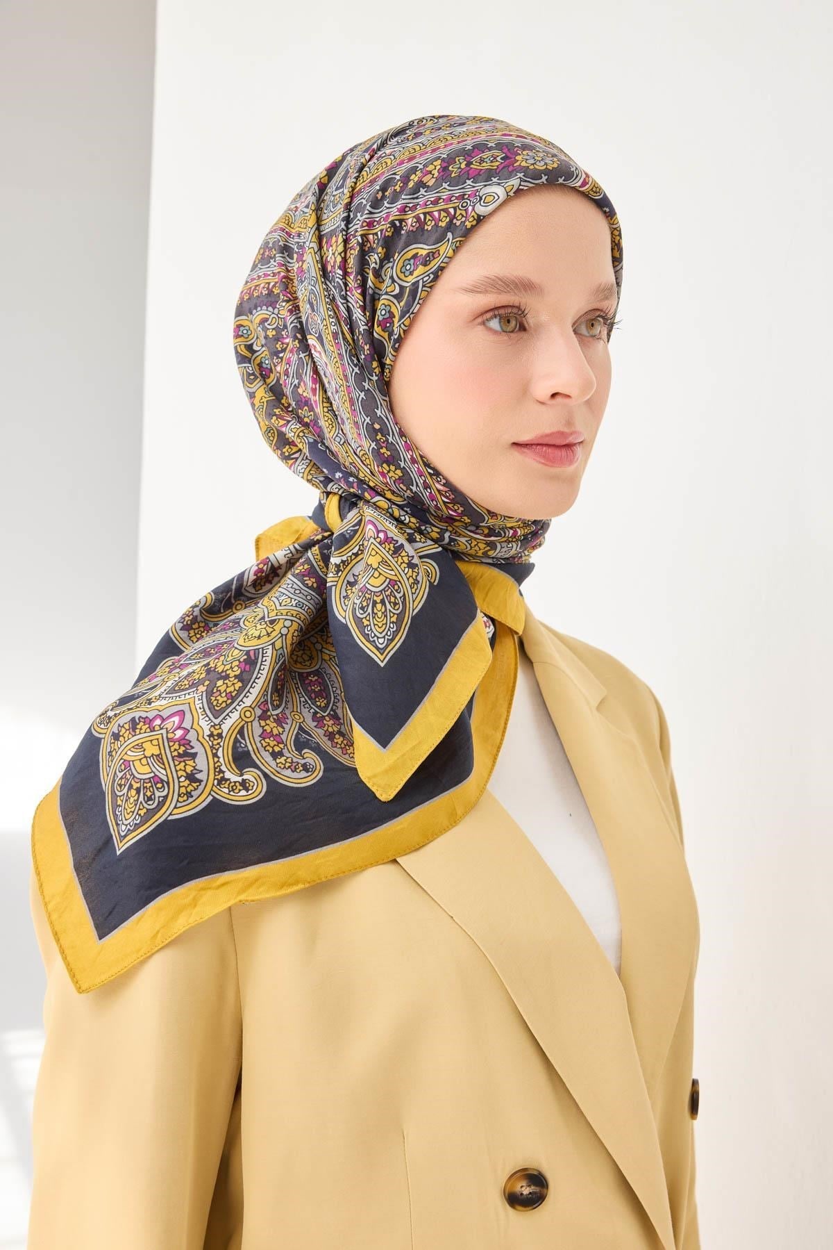 Velora Eşarp Ethnic Siyah - Sarı 90x90