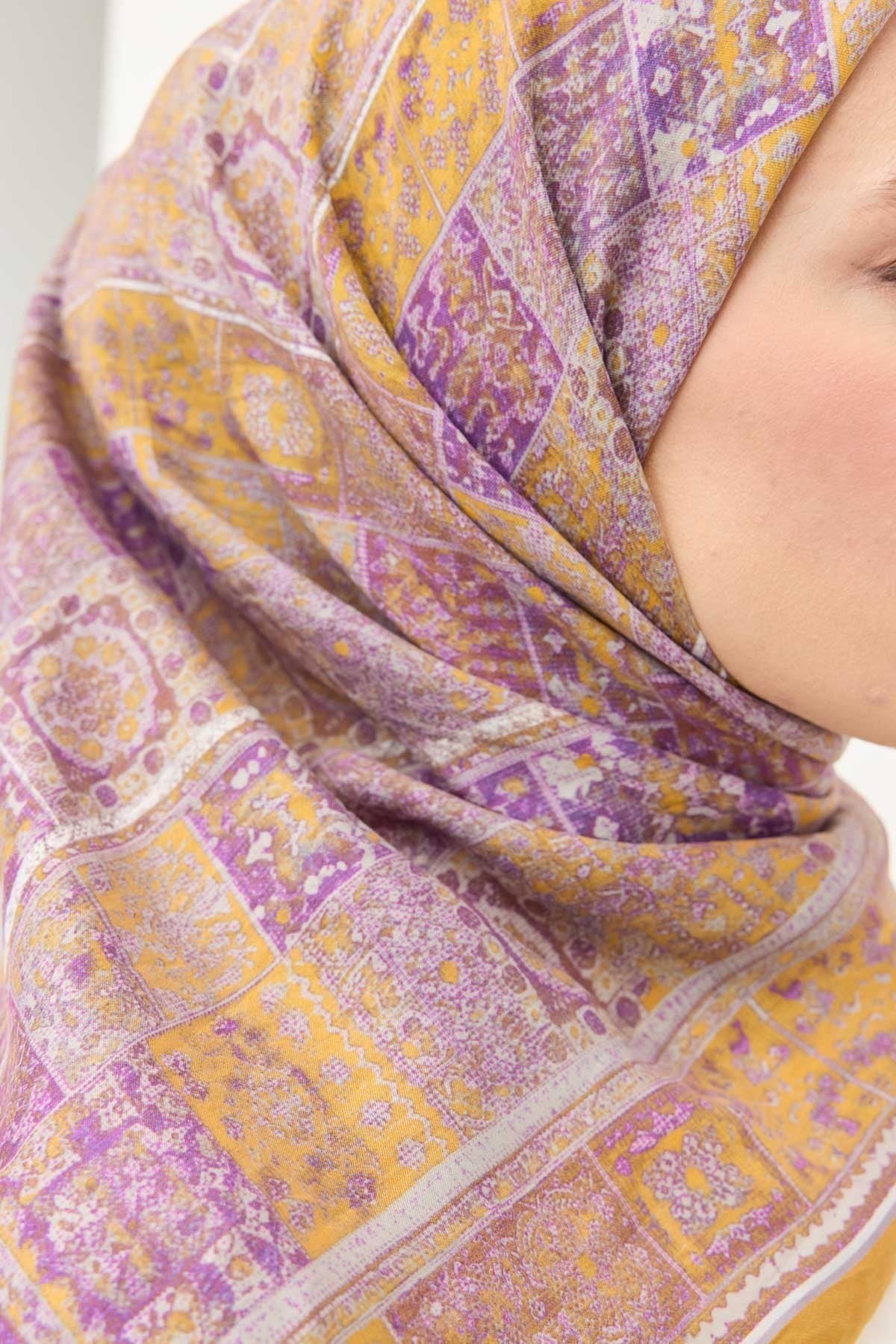 Velora Eşarp Etnik Desen Hardal Sarısı 90x90