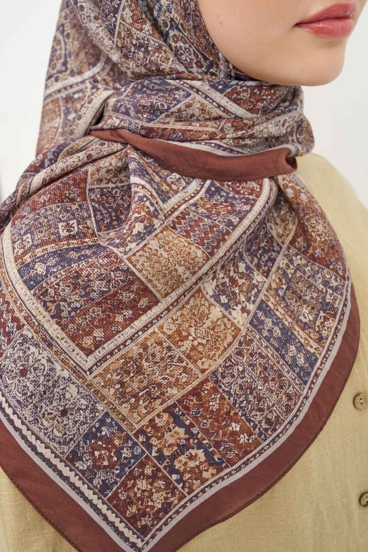 Velora Eşarp Etnik Desen Kahverengi 90x90