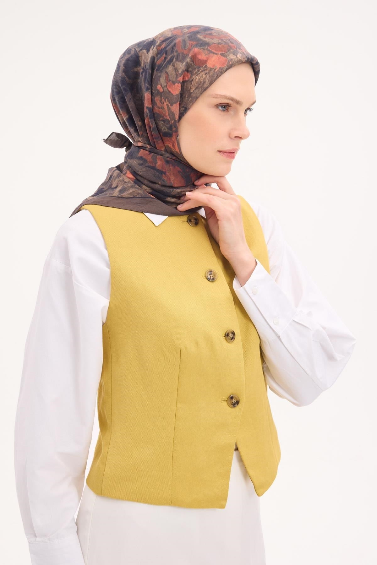Velora Eşarp Fırça Çiçek Desen Asker Yeşili 90X90