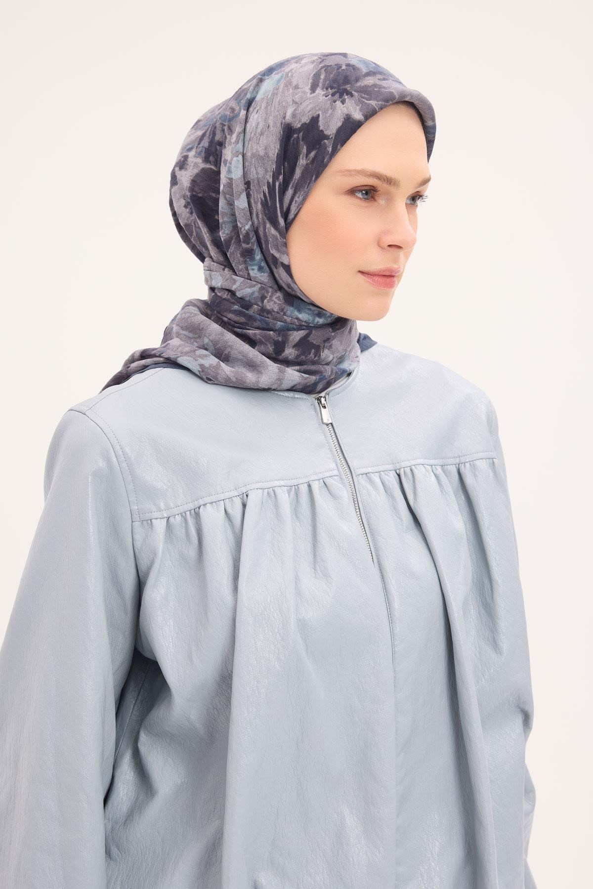 Velora Eşarp Fırça Çiçek Desen Indigo Mavi 90X90