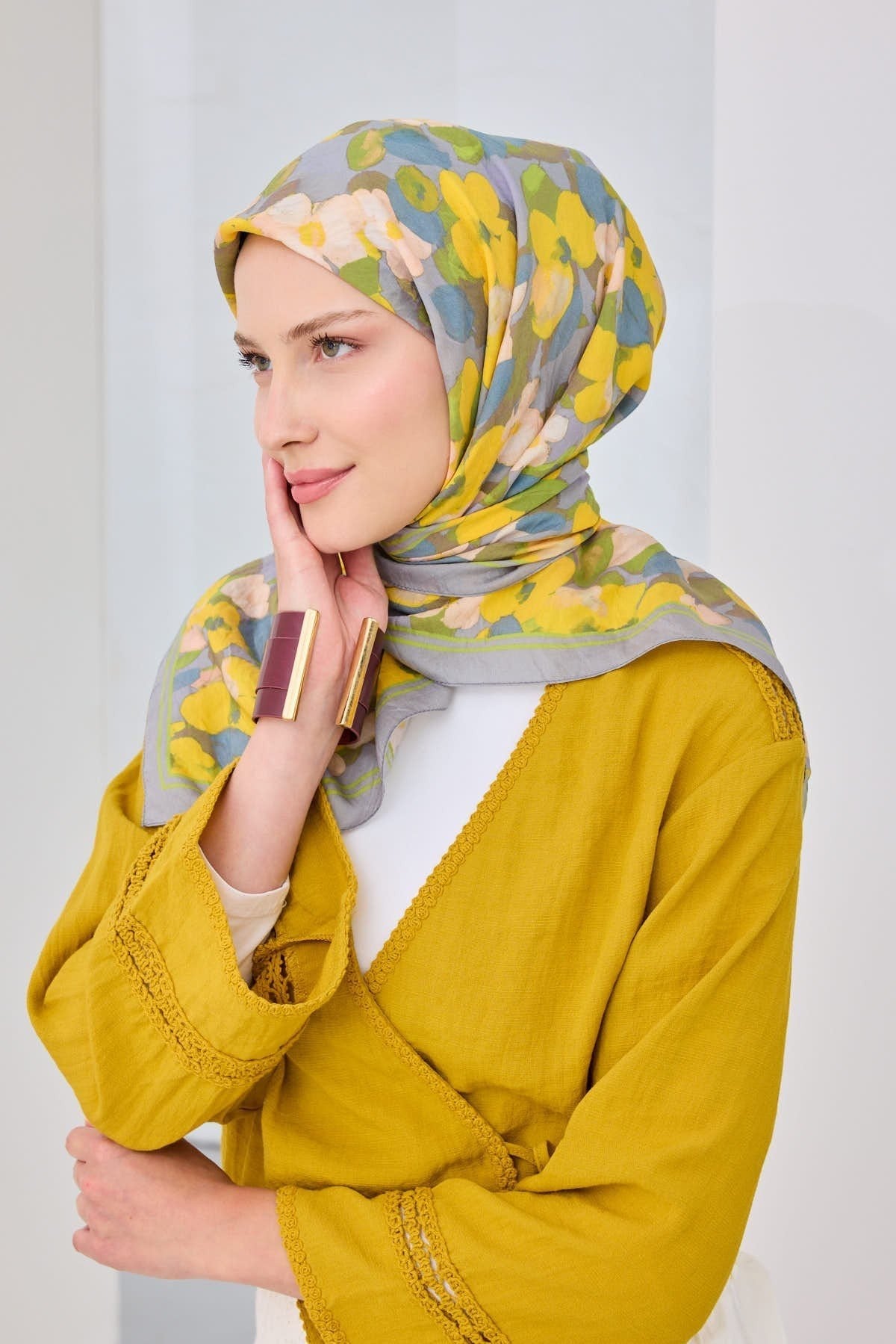Velora Eşarp Floral Mavi Gri