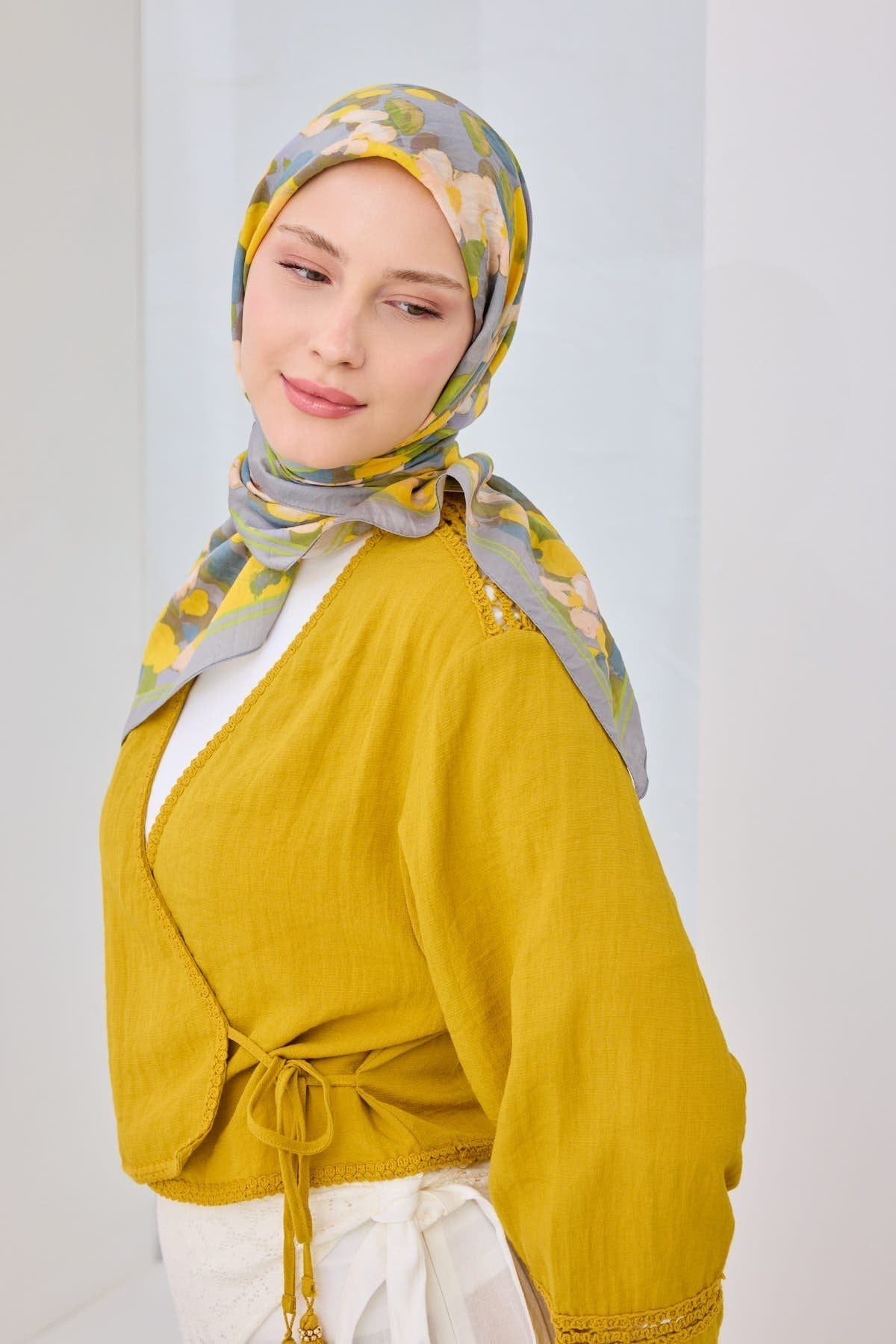 Velora Eşarp Floral Mavi Gri