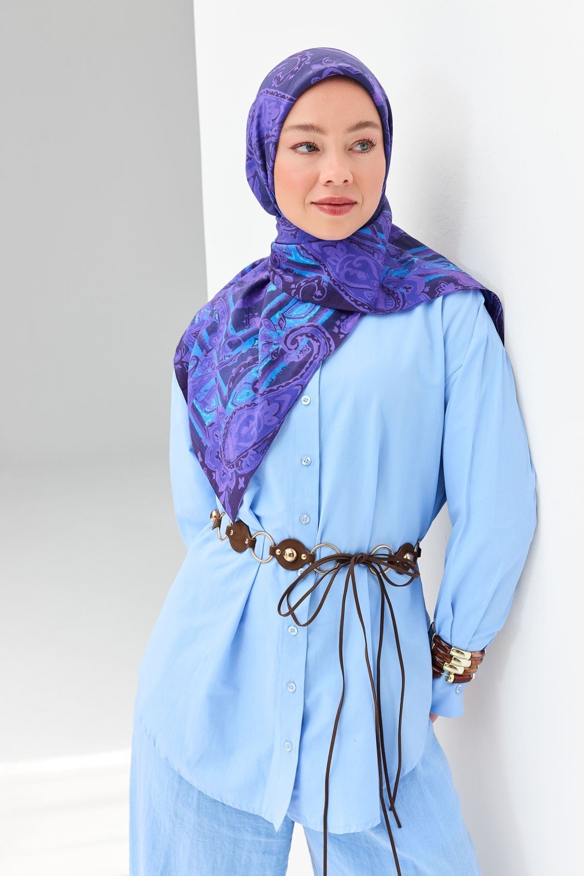 Velora Eşarp Şal Desen Koyu Mor 90x90