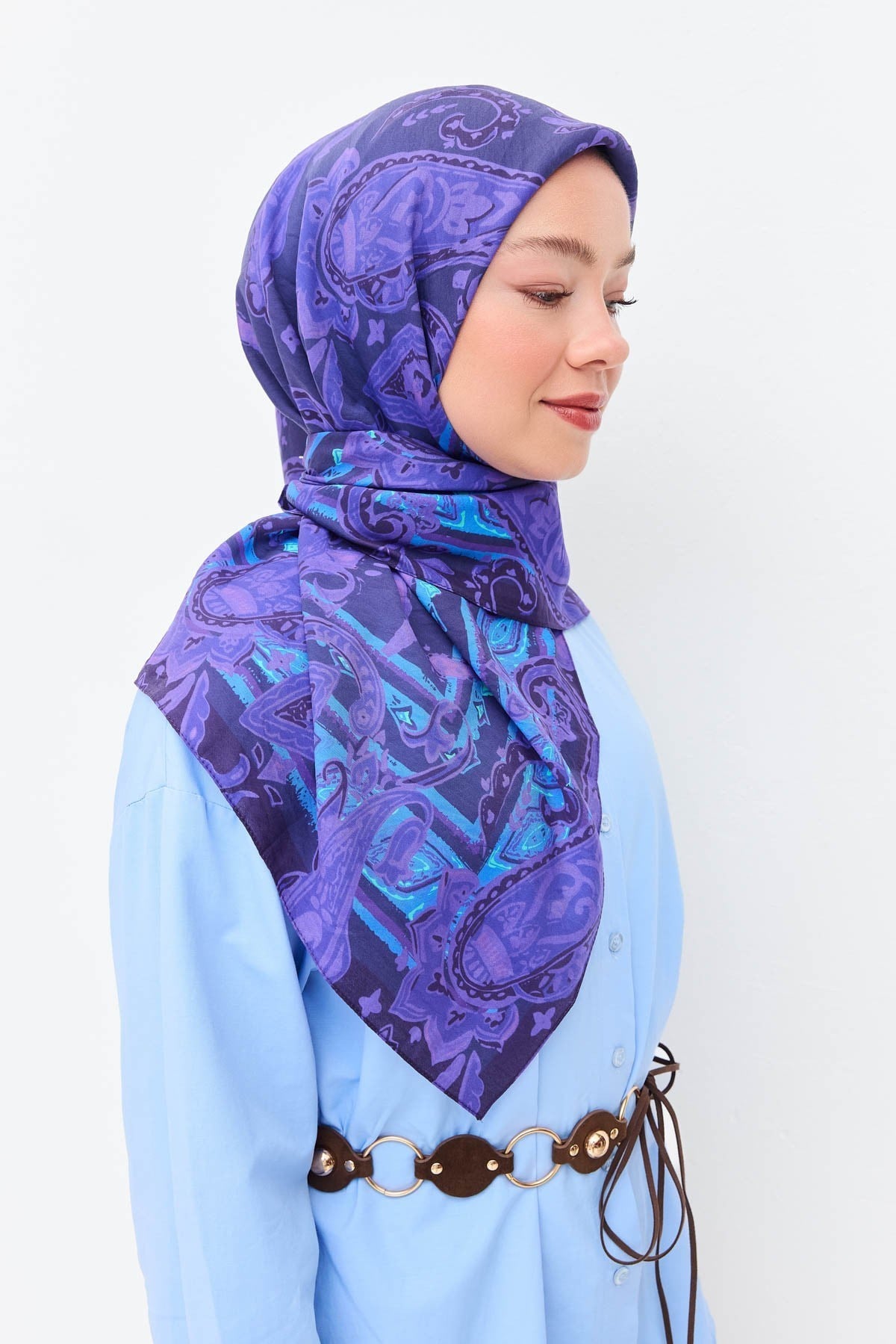 Velora Eşarp Şal Desen Koyu Mor 90x90